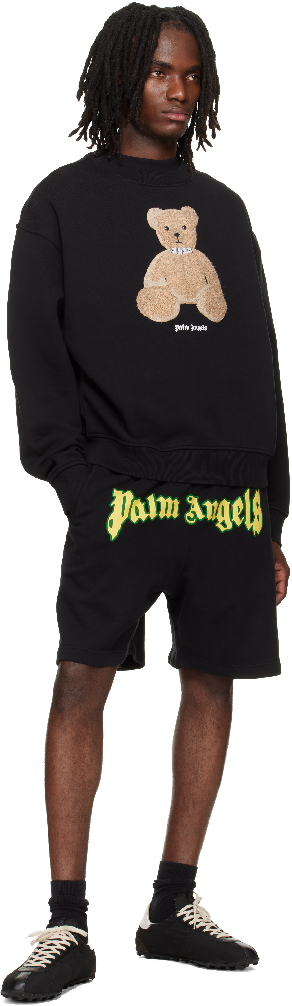 Palm Angels: ブラック Outline Logo スウェットショートパンツ