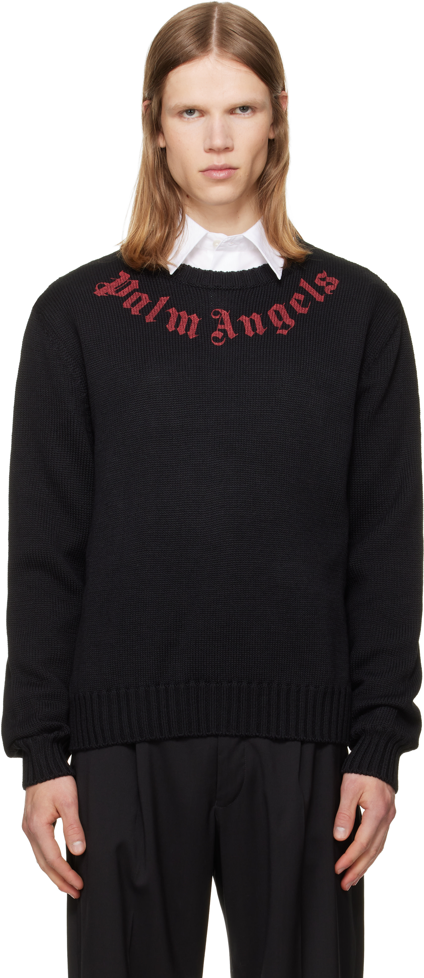 Palm Angels ニット Palm Angels: ブラック Curved Logo Knit セーター | SSENSE 日本