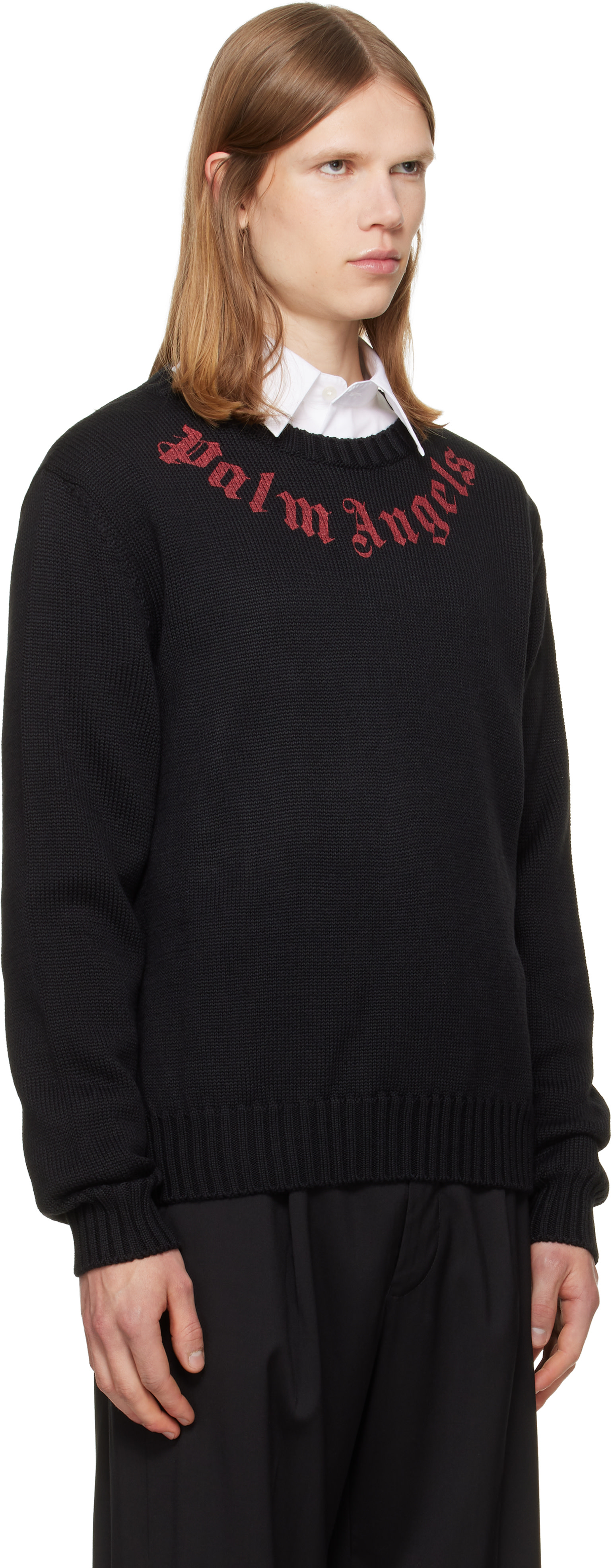 Palm Angels: ブラック Curved Logo Knit セーター | SSENSE 日本