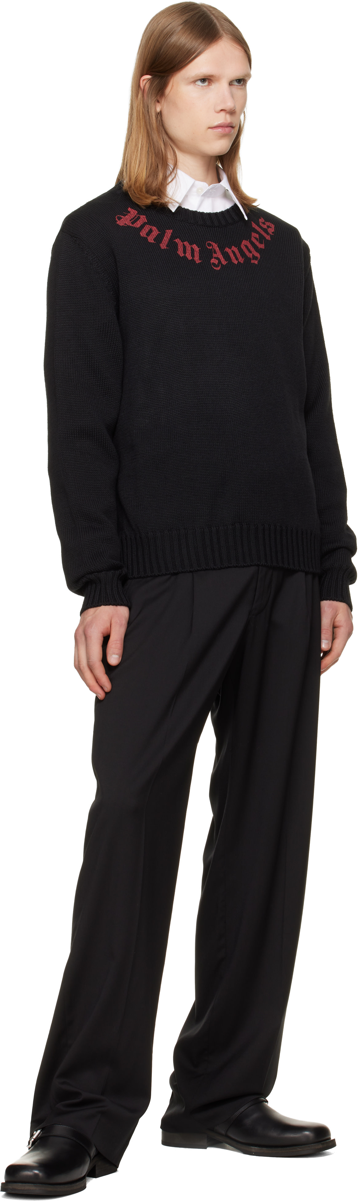 Palm Angels ニット Palm Angels: ブラック Curved Logo Knit セーター | SSENSE 日本