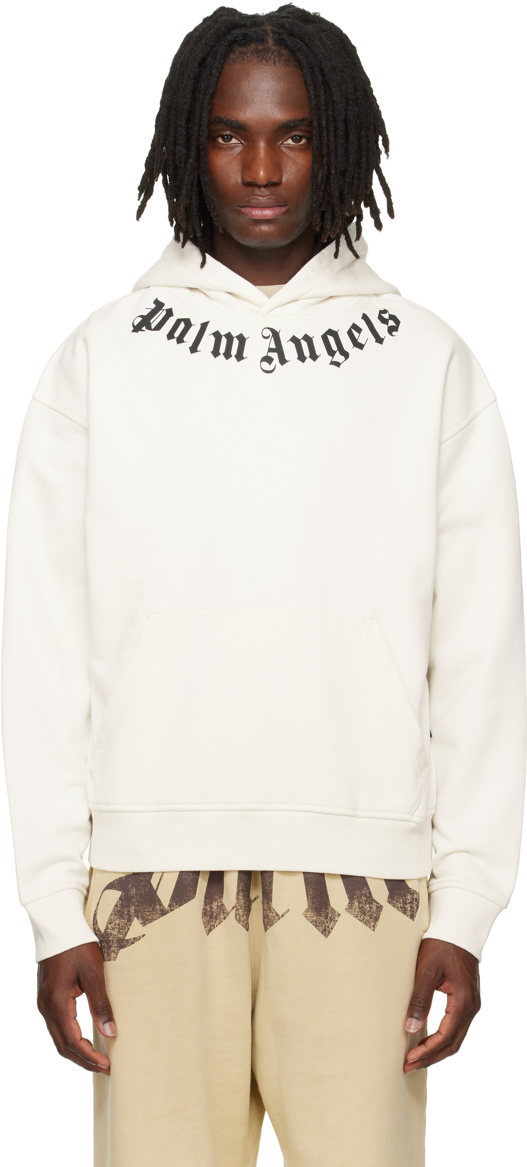 Palm Angels - Pull à capuche blanc cassé à col à logo