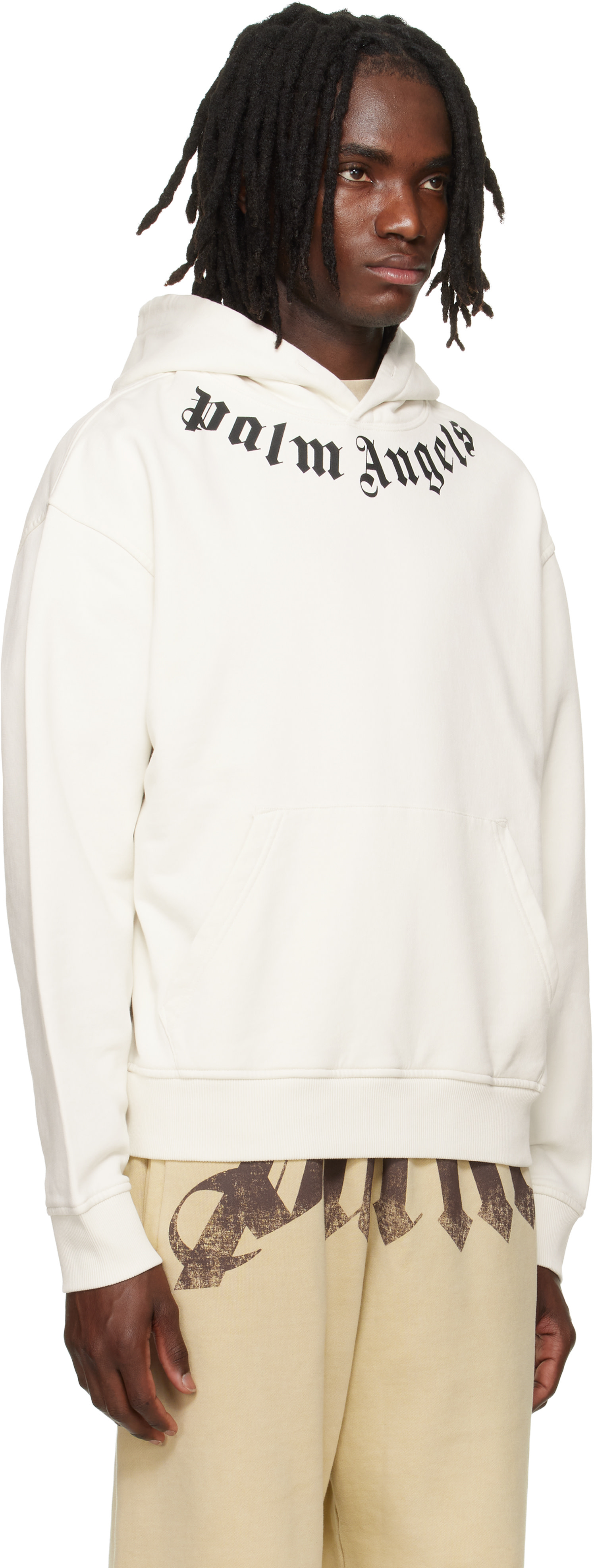 Palm Angels - Pull à capuche blanc cassé à col à logo
