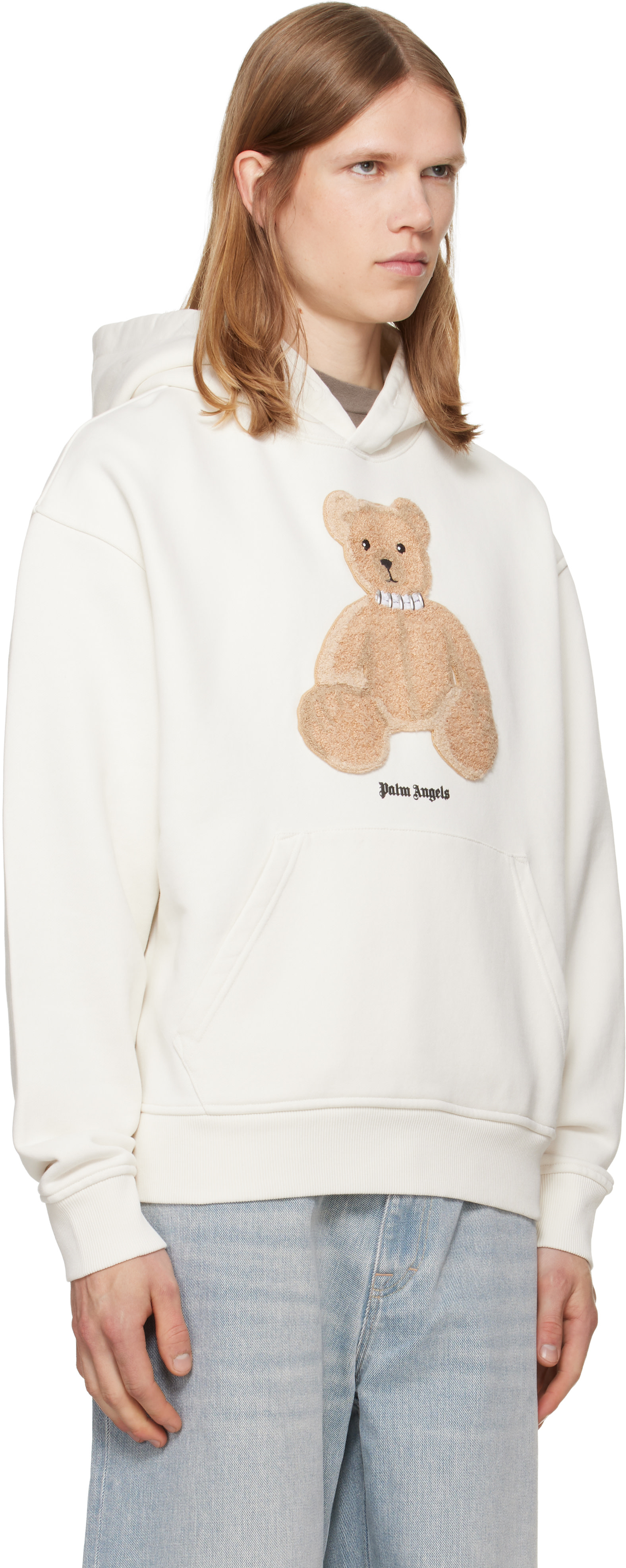Palm Angels - Pull à capuche blanc cassé à appliqué d'ourson