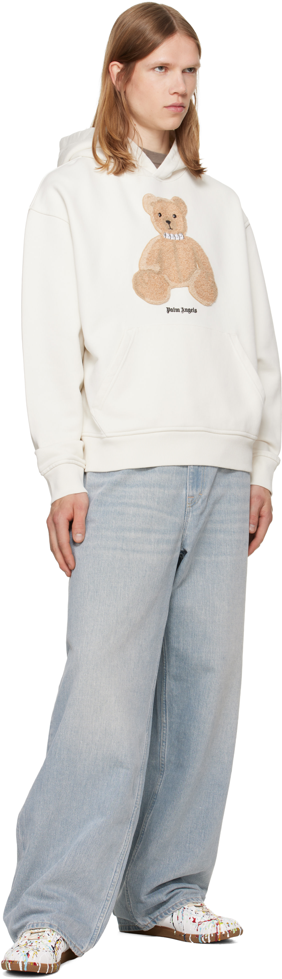 Palm Angels - Pull à capuche blanc cassé à appliqué d'ourson