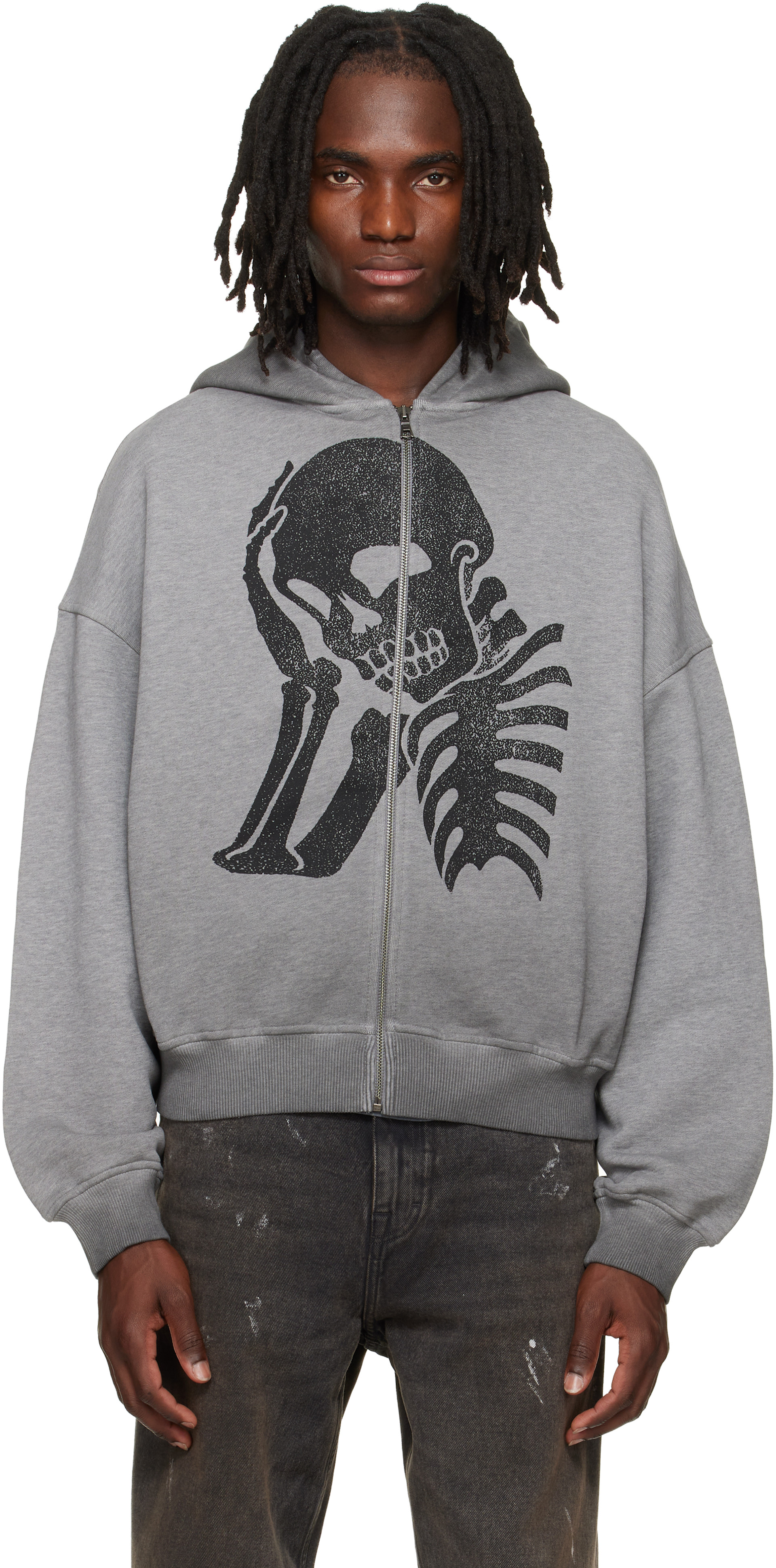 Palm Angels: Gray Skull Zipped Loose Hoodie | SSENSE Austria