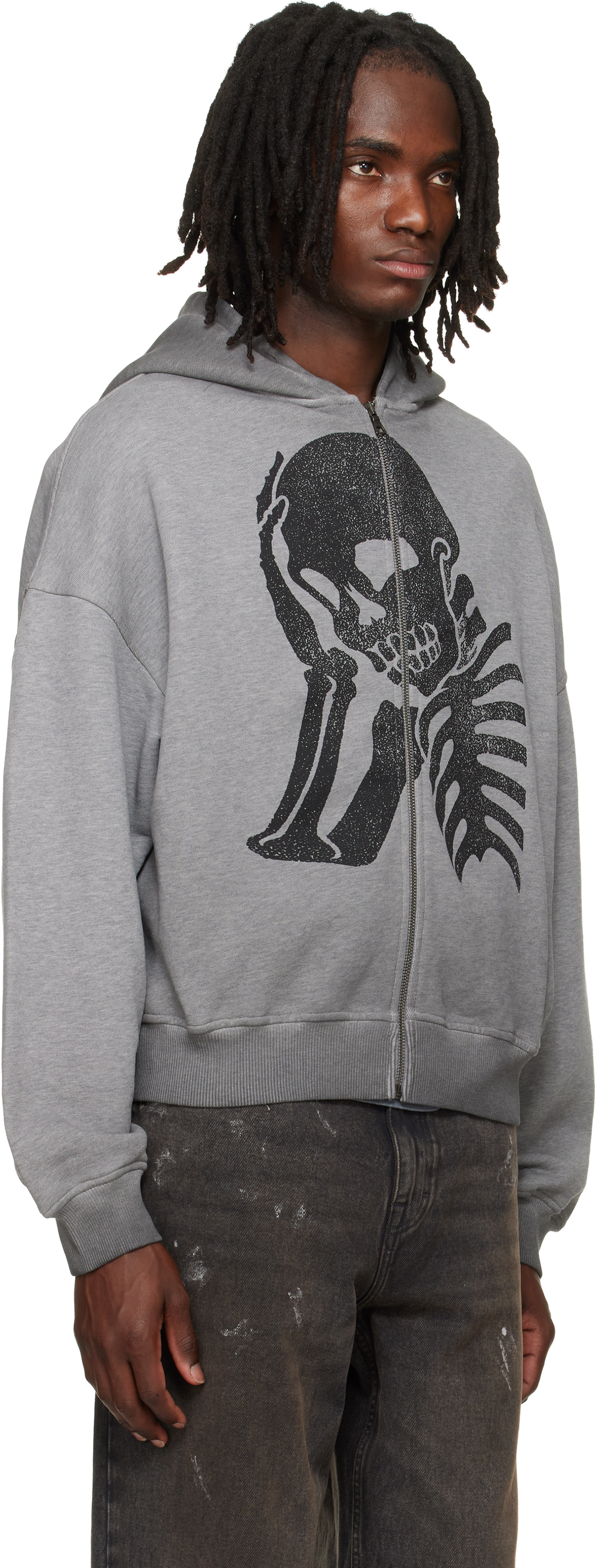 Palm Angels - Pull à capuche ample gris à image de crâne et à glissière