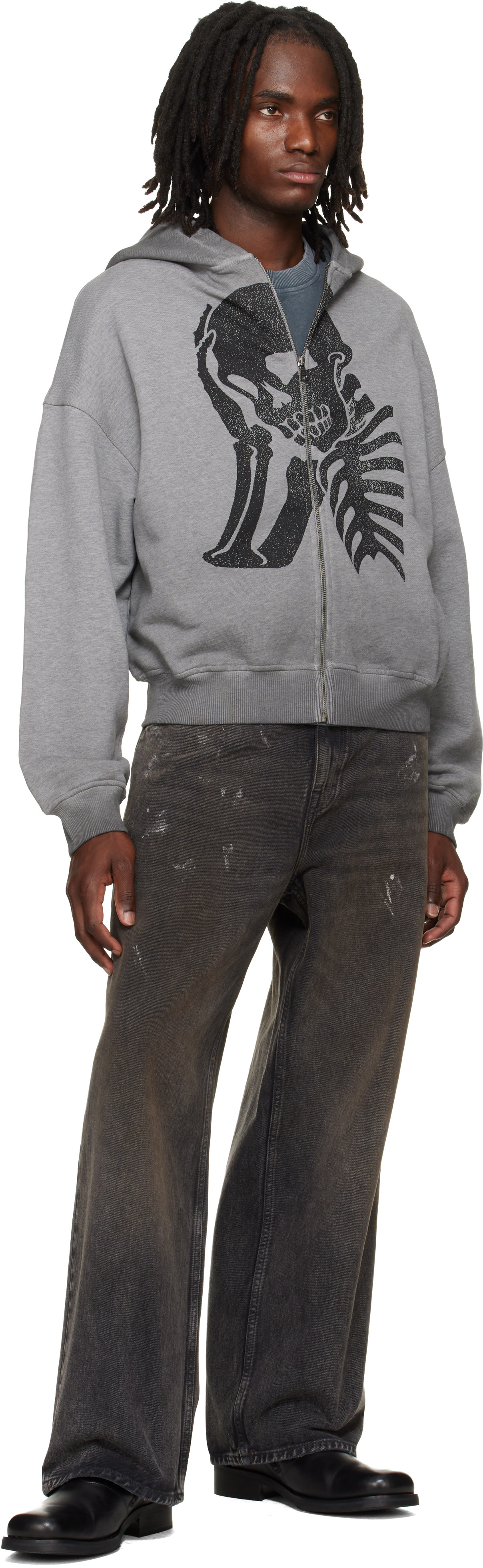 Palm Angels: Gray Skull Zipped Loose Hoodie | SSENSE Denmark