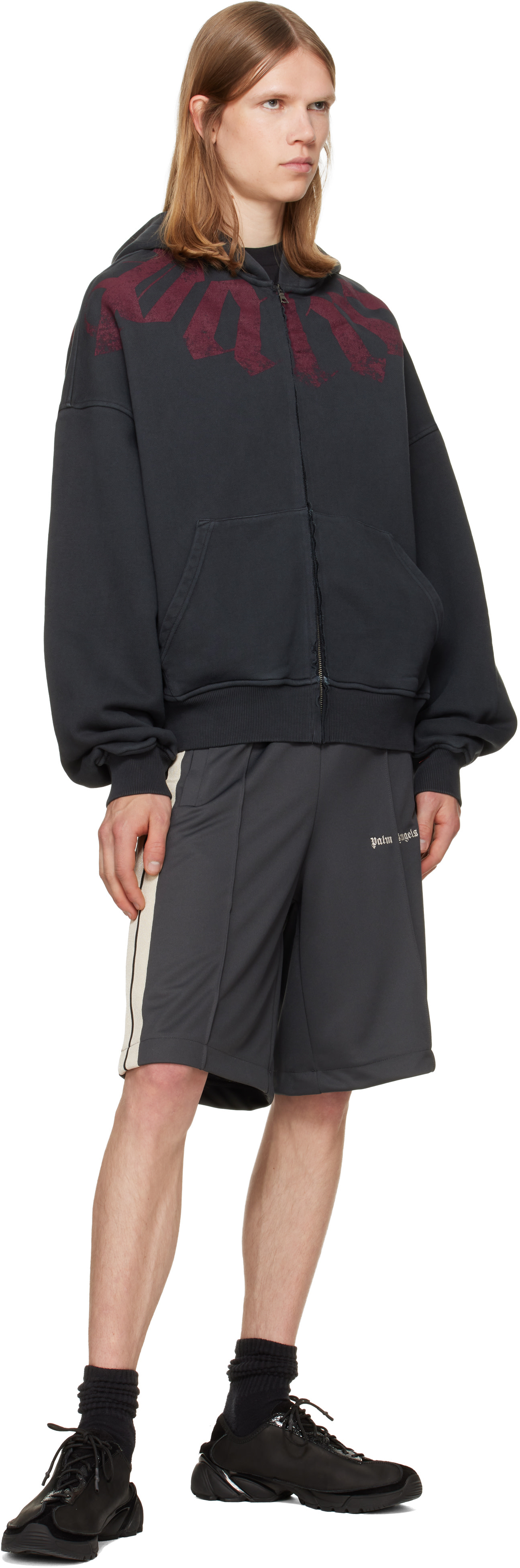 Palm Angels: ブラック Big Neck Logo ジップフーディ | SSENSE 日本