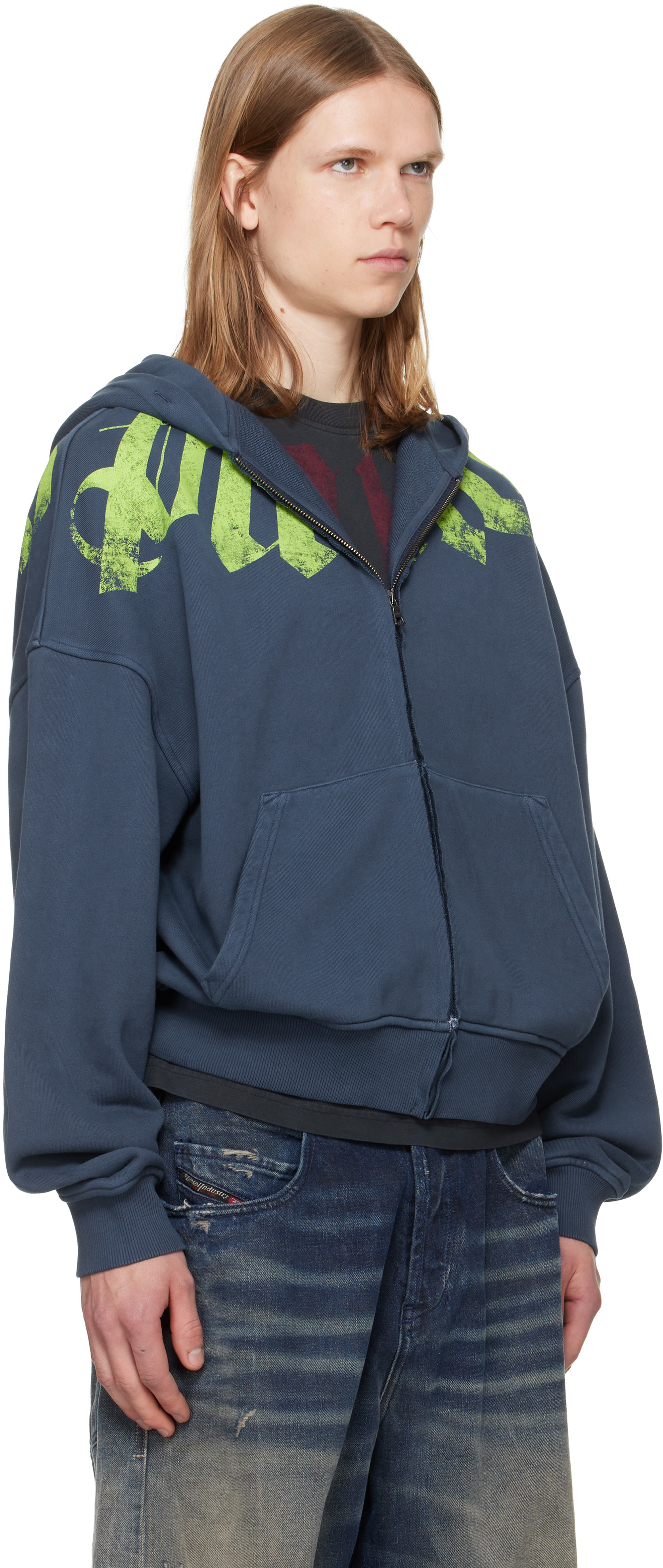 Palm Angels: Navy Big Neck Logo Zip Hoodie | SSENSE Canada