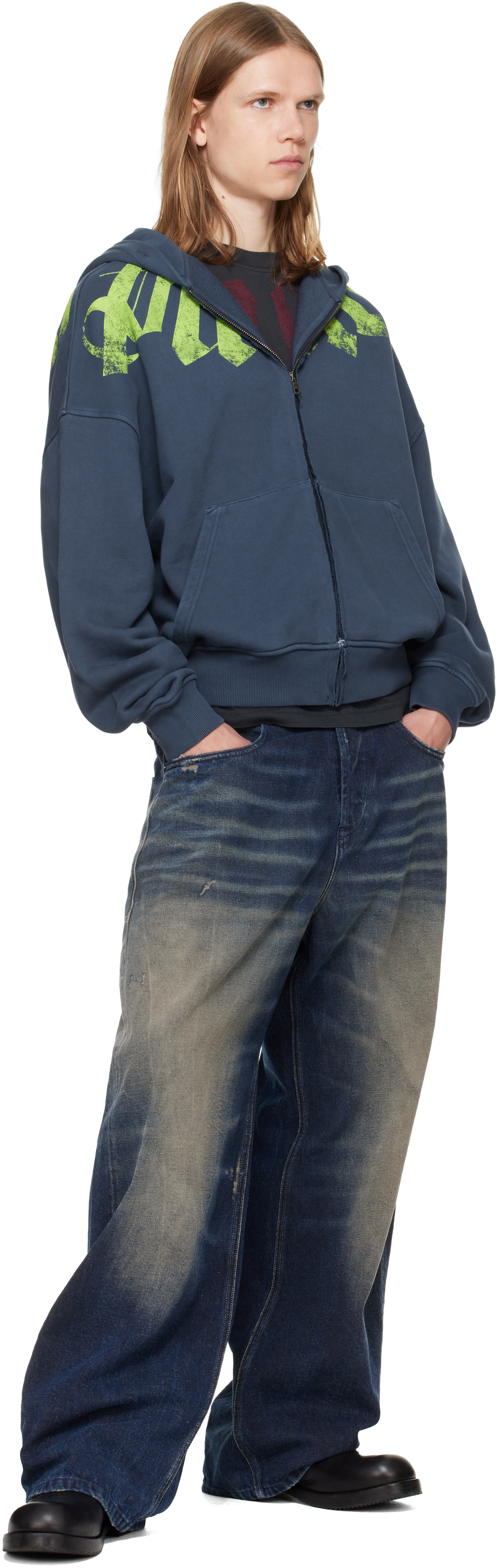 Palm Angels: Navy Big Neck Logo Zip Hoodie | SSENSE Canada