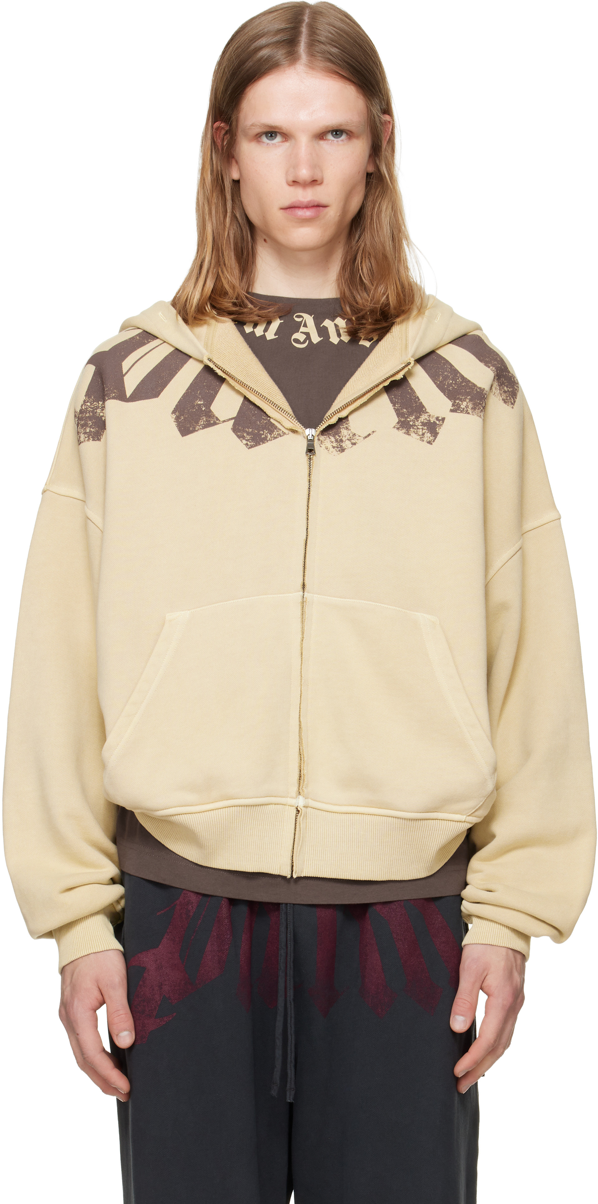 Palm Angels: Beige Big Neck Logo Zip Hoodie | SSENSE Canada