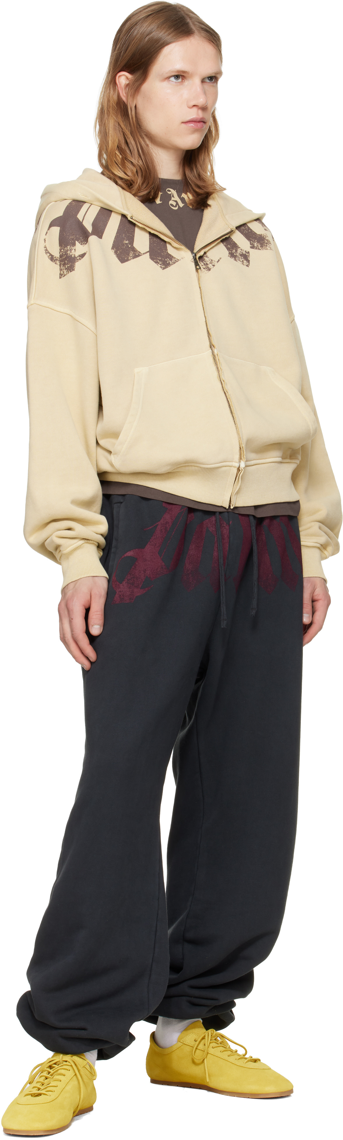 Palm Angels: Beige Big Neck Logo Zip Hoodie | SSENSE Canada