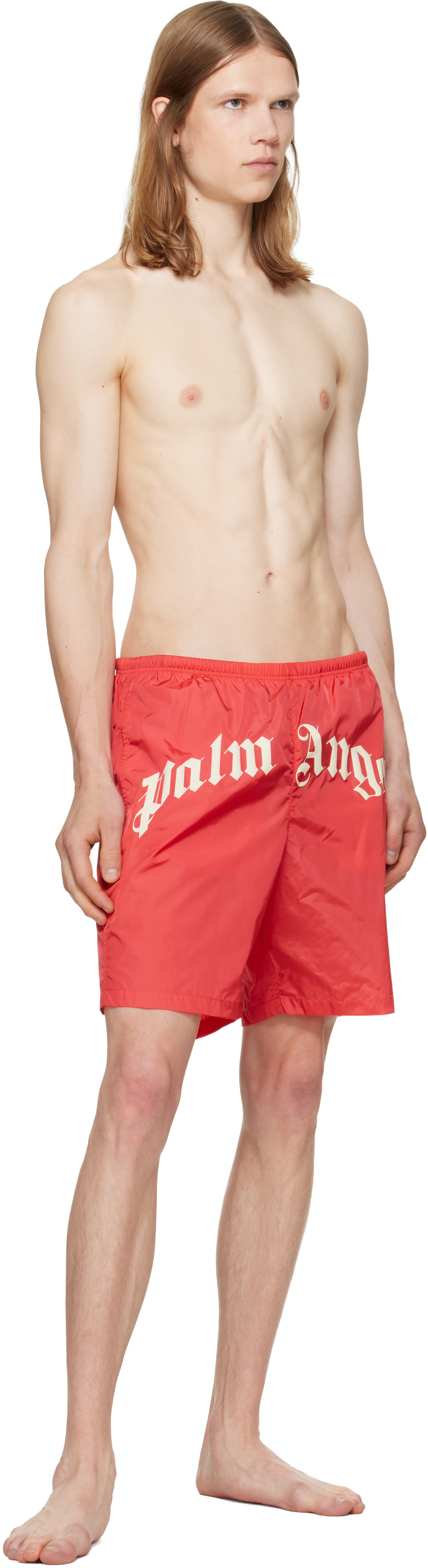 Palm Angels 下のみ Palm Angels: レッド カーブドロゴ スイムショーツ | SSENSE 日本