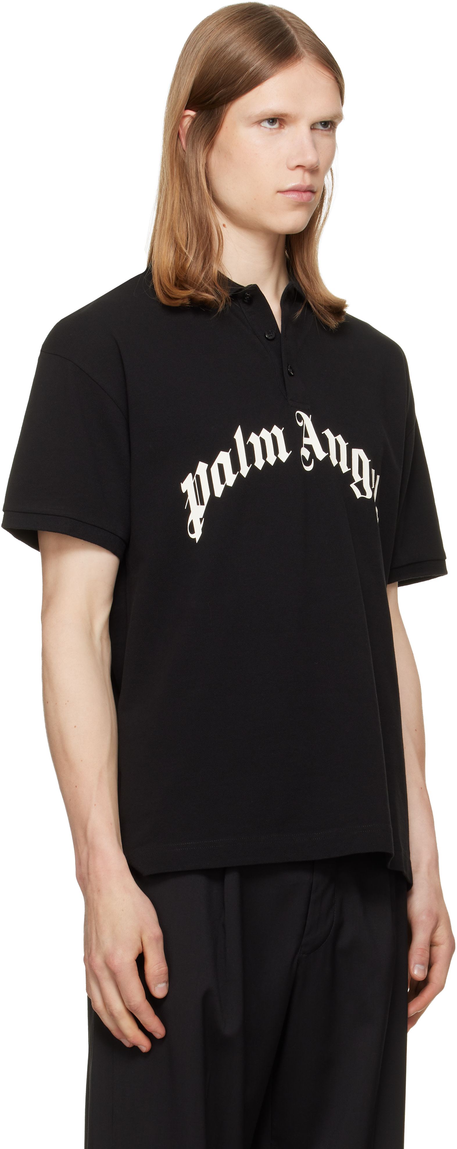 Palm Angels: ブラック Curved Logo ポロシャツ | SSENSE 日本