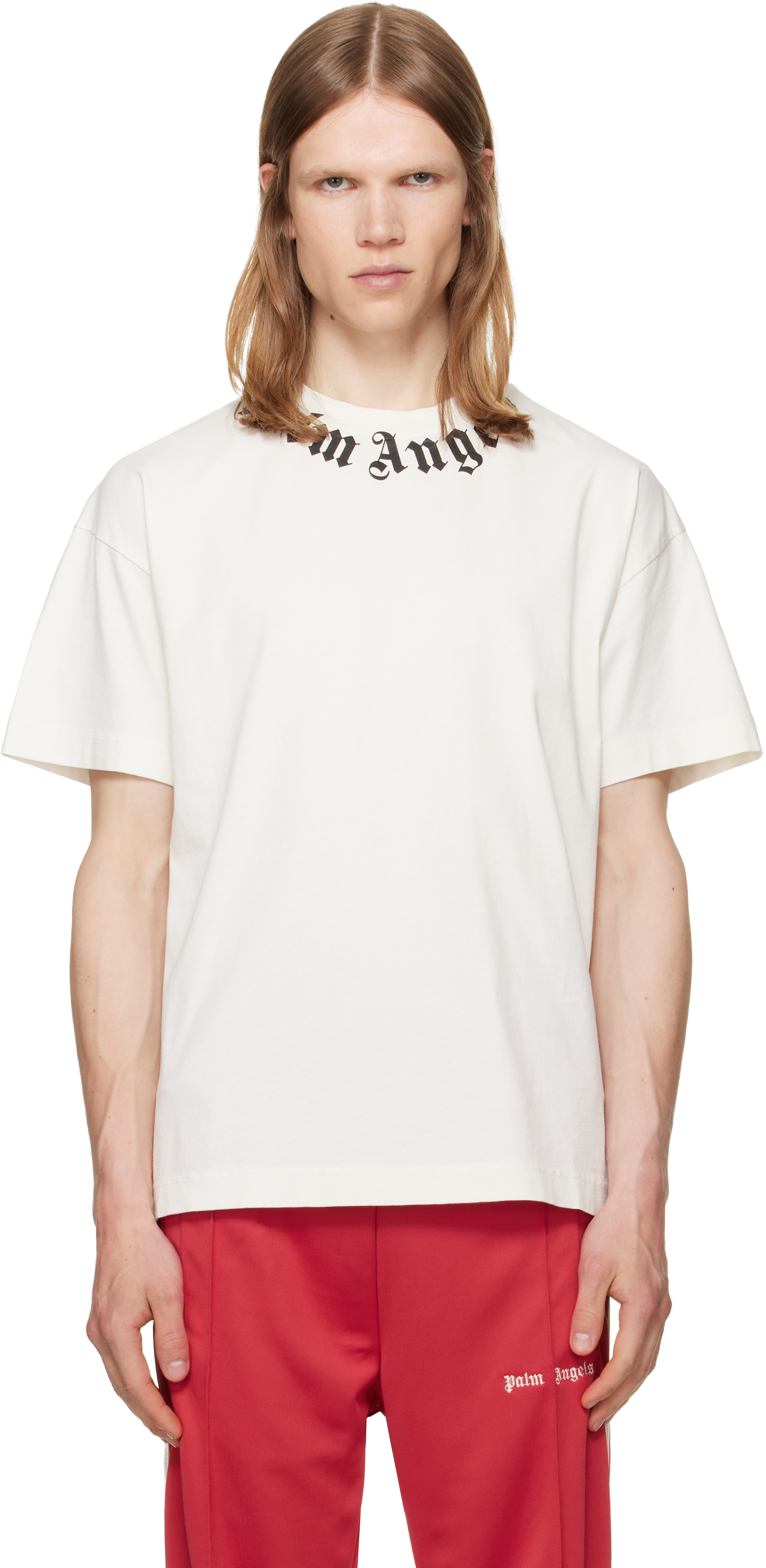 Palm Angels: オフホワイト Neck Logo Tシャツ | SSENSE 日本