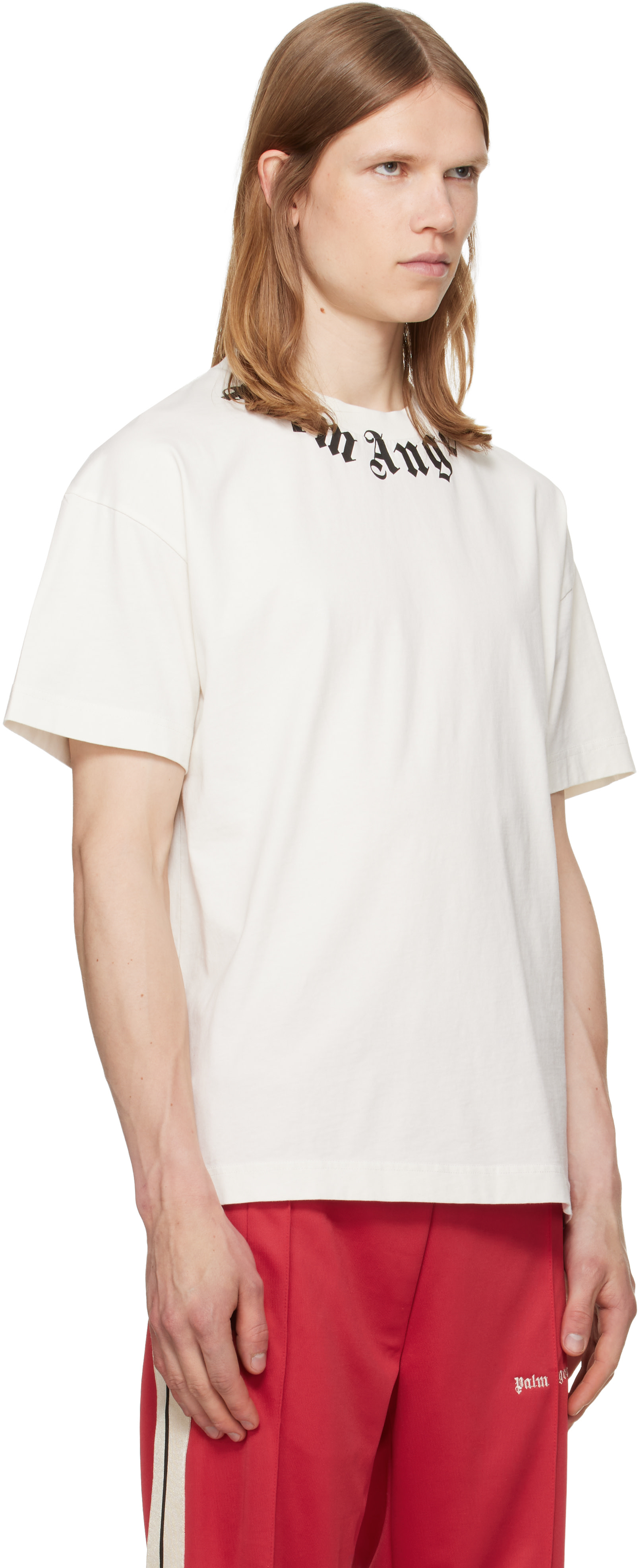 Palm Angels: オフホワイト Neck Logo Tシャツ | SSENSE 日本