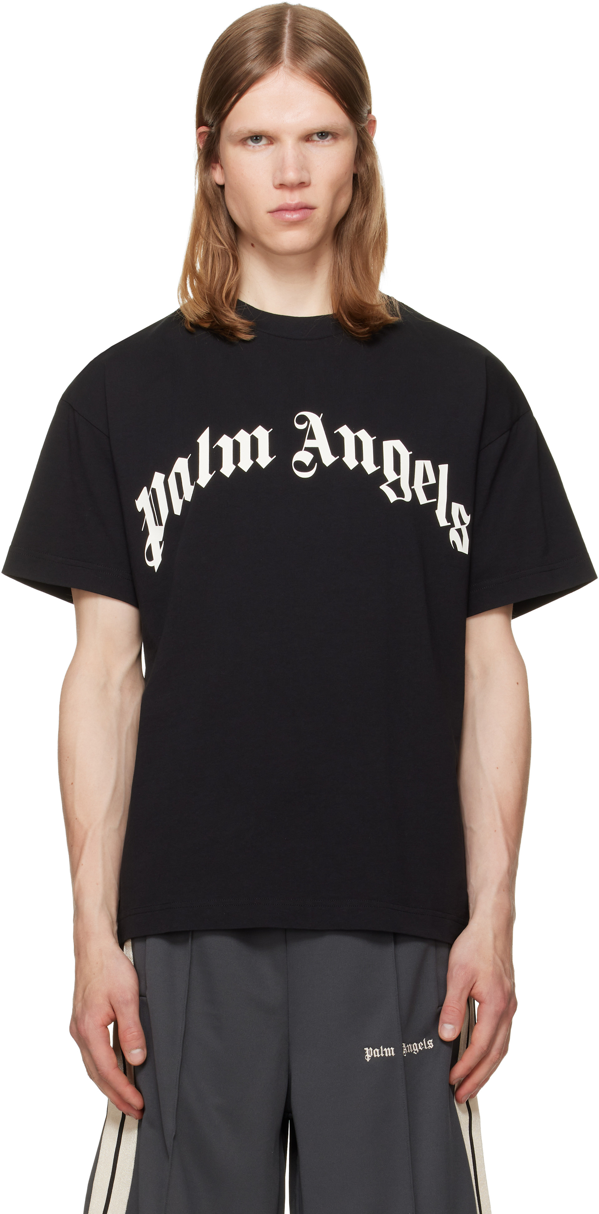 Palm Angels: ブラック カーブドロゴ Tシャツ | SSENSE 日本