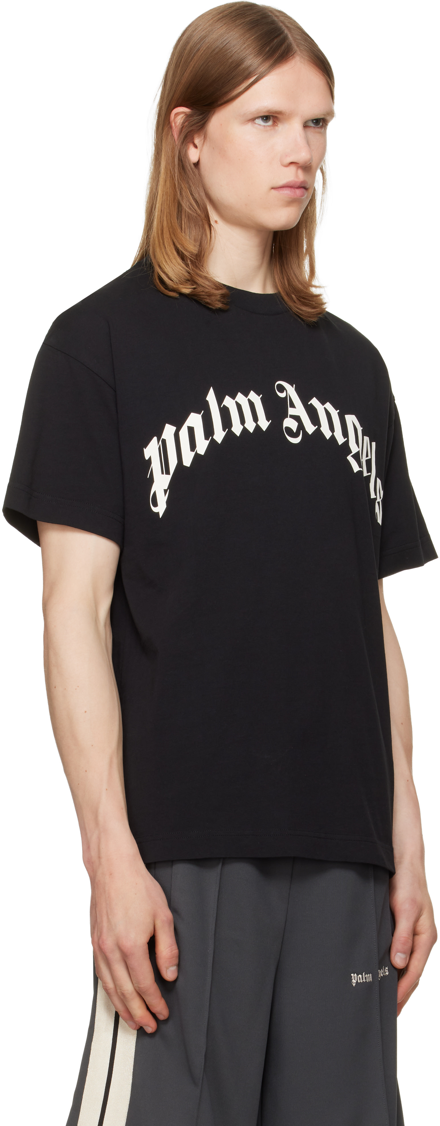 Palm Angels: ブラック カーブドロゴ Tシャツ | SSENSE 日本
