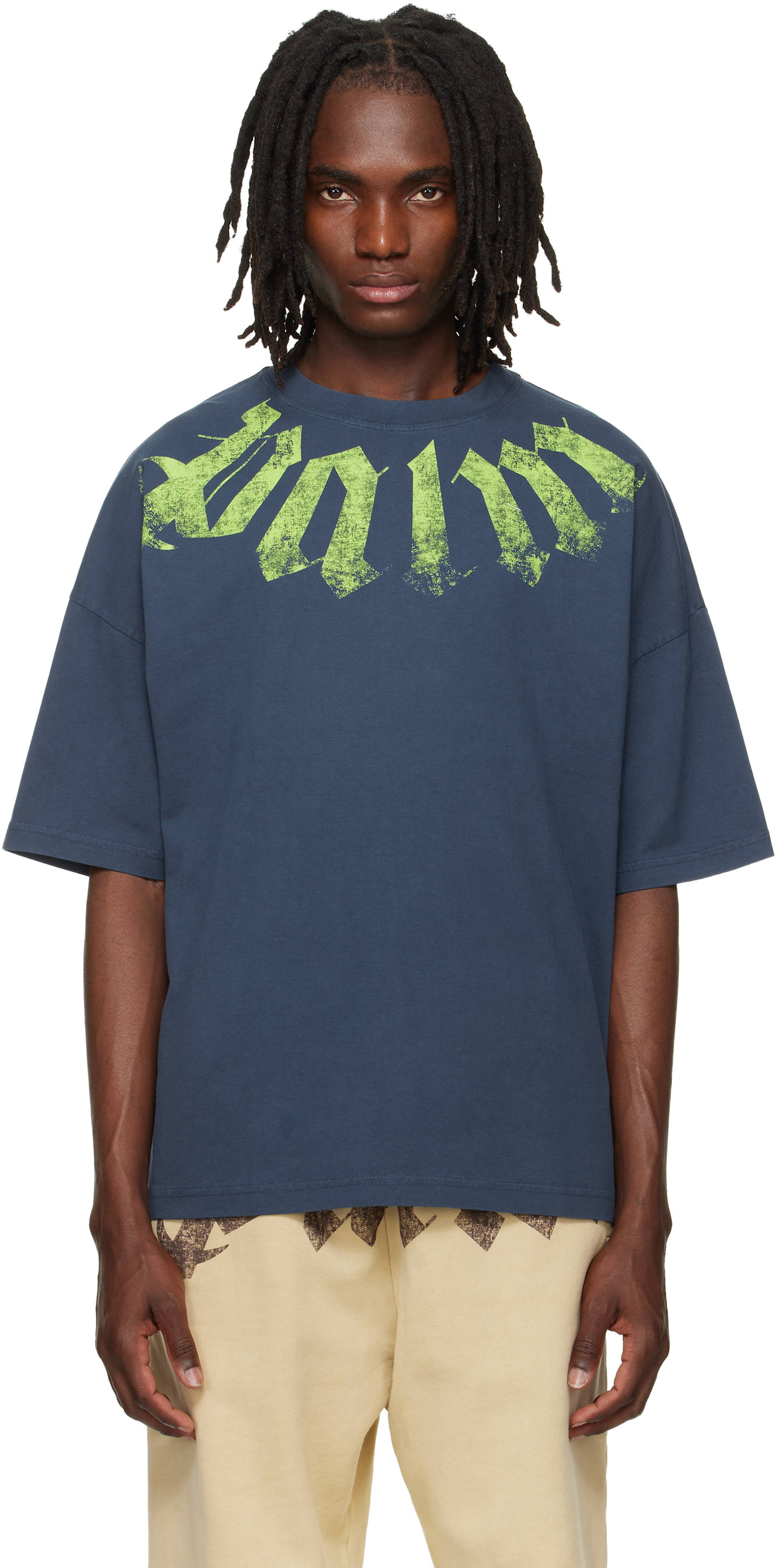 Palm Angels: Navy Big Neck Logo Loose T-shirt | SSENSE