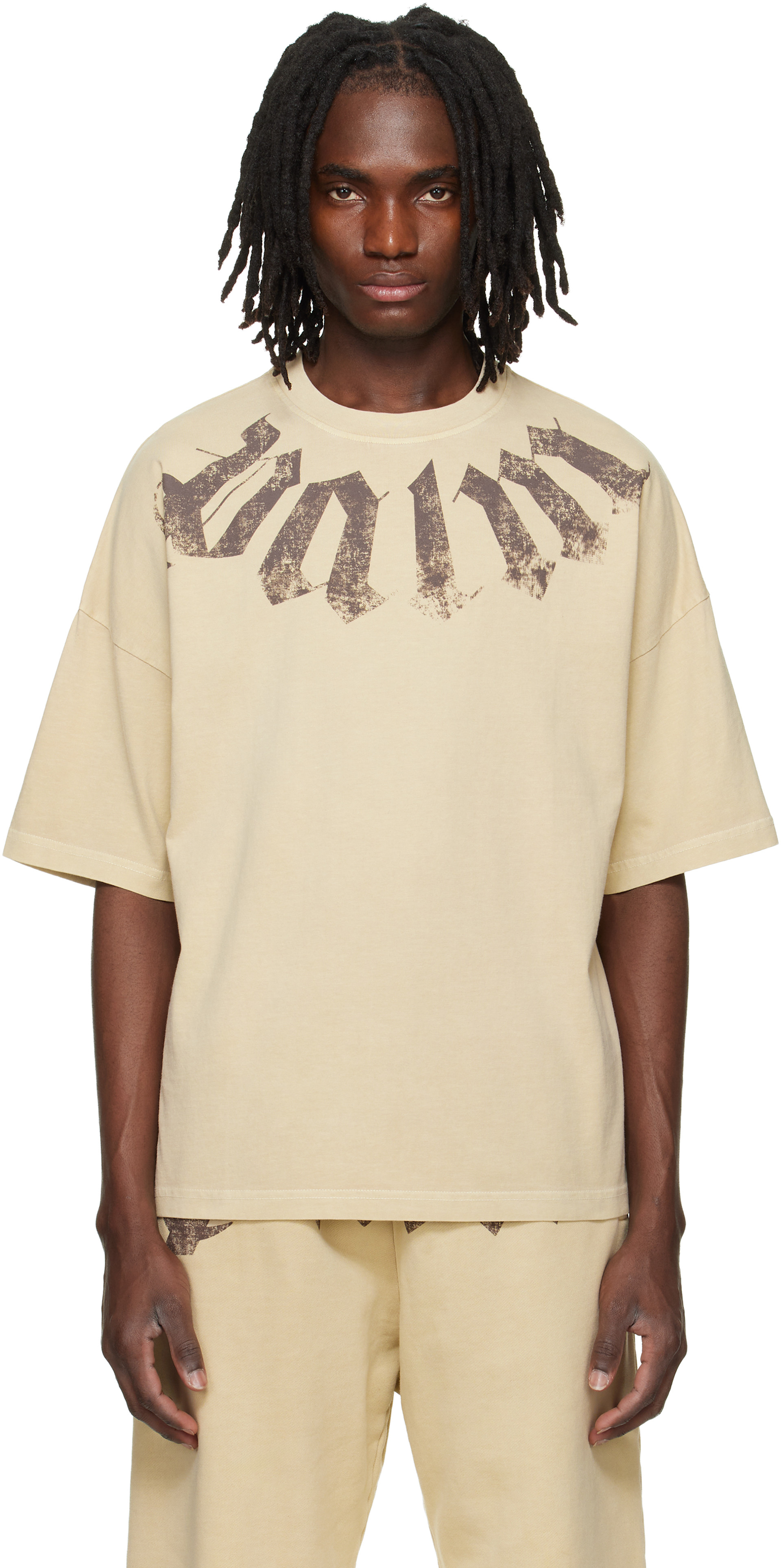 palm Angels / シースルー 長袖カットソー オフネックC175 Palm Angels: Beige Big Neck Logo Loose T-shirt | SSENSE