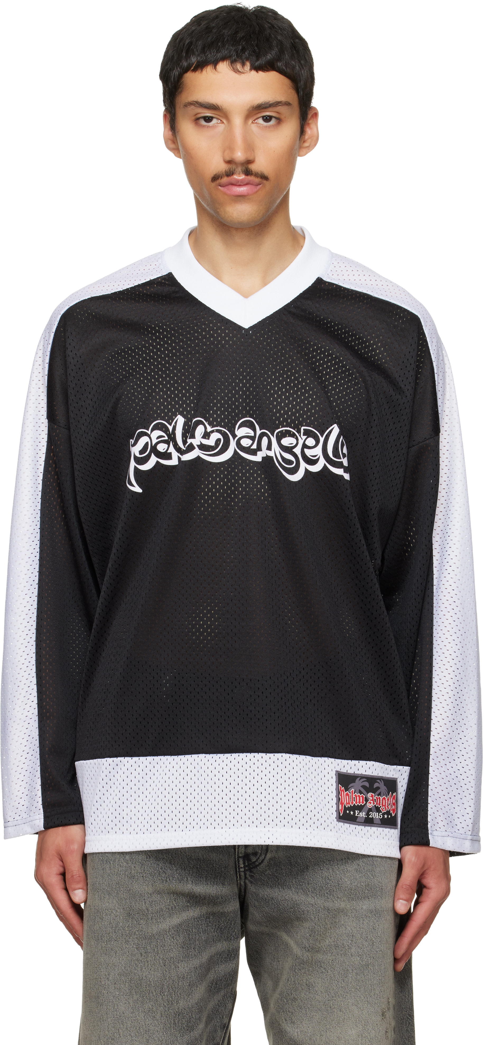Palm Angels: Black & White Thai Logo Mesh Loose Long-Sleeved T