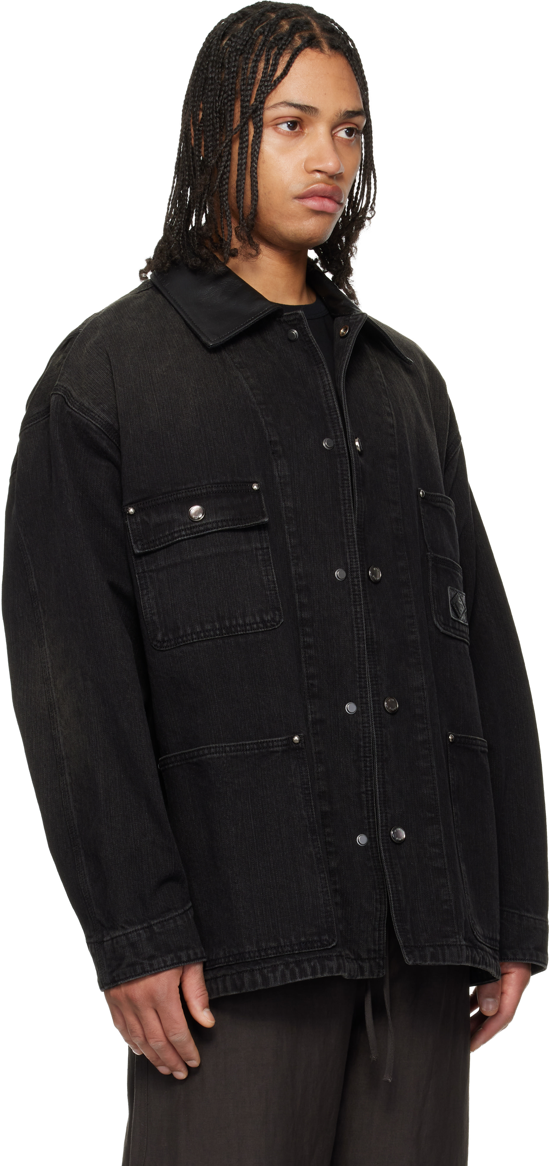 WOOYOUNGMI: Black Leather Collar Tin-washed Denim Coat | SSENSE