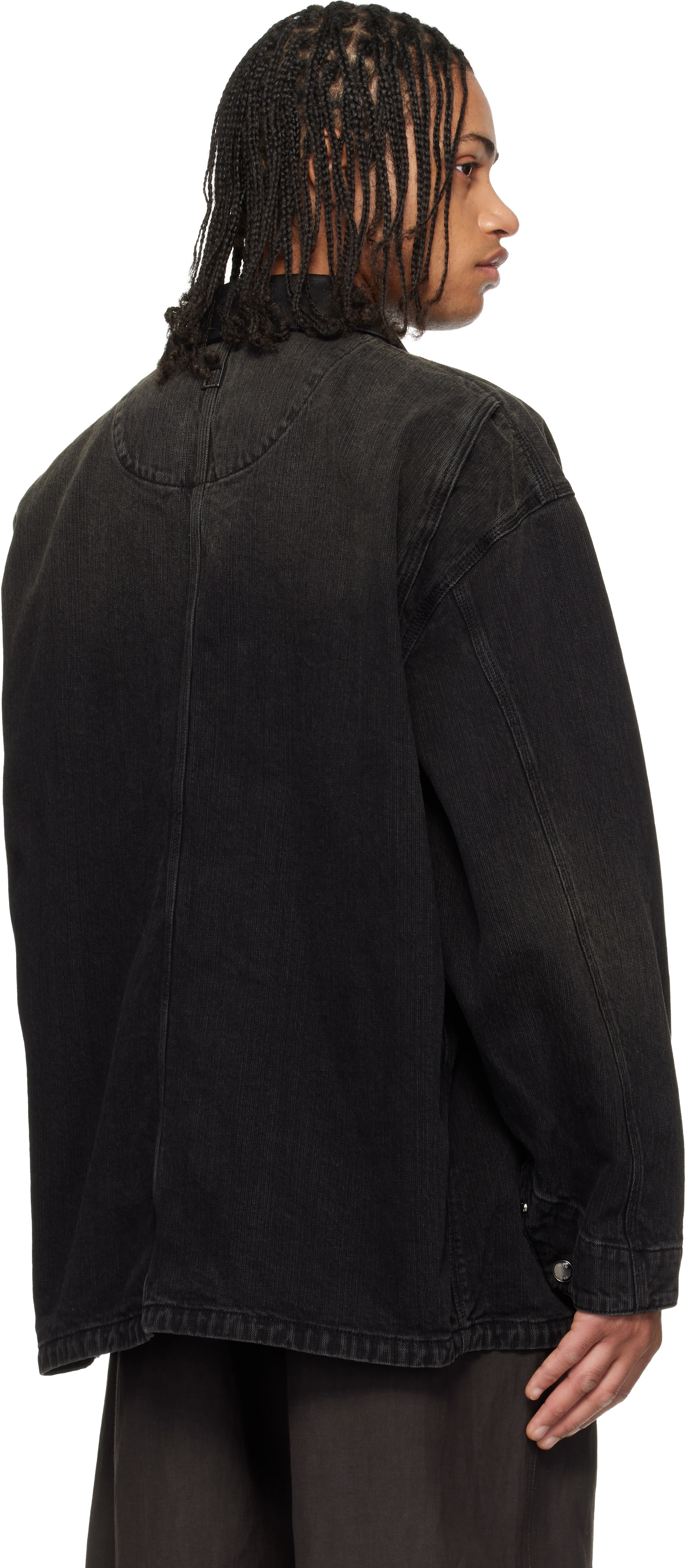 WOOYOUNGMI: Black Leather Collar Tin-washed Denim Coat | SSENSE