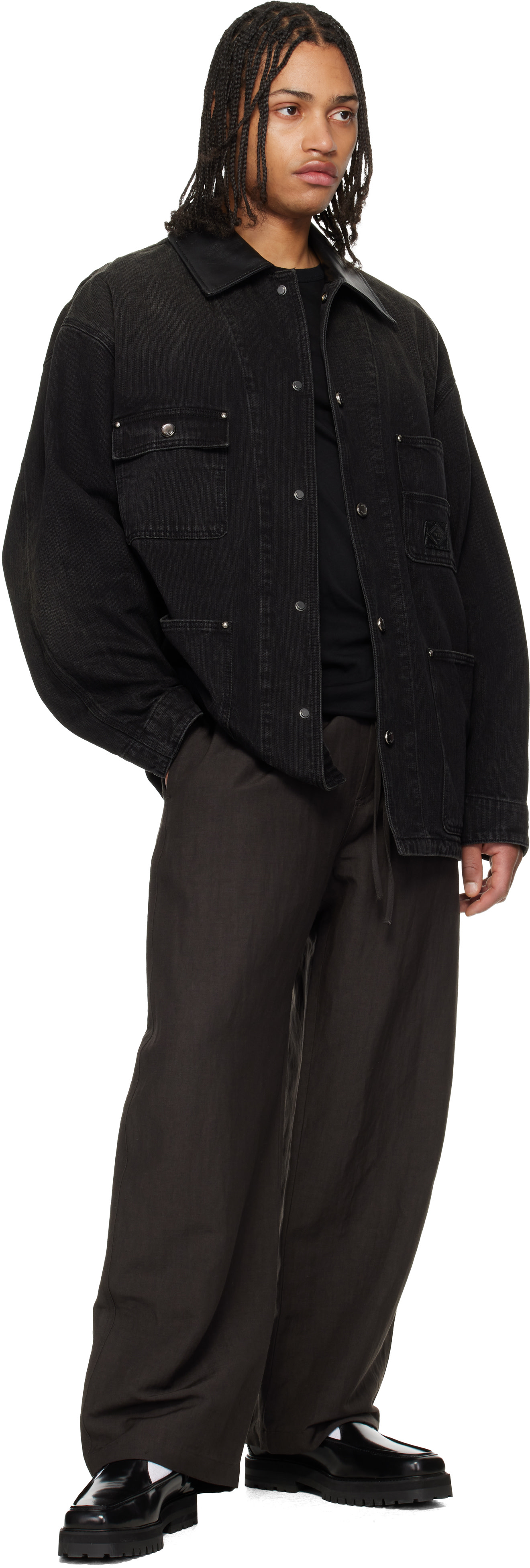 WOOYOUNGMI: Black Leather Collar Tin-washed Denim Coat | SSENSE