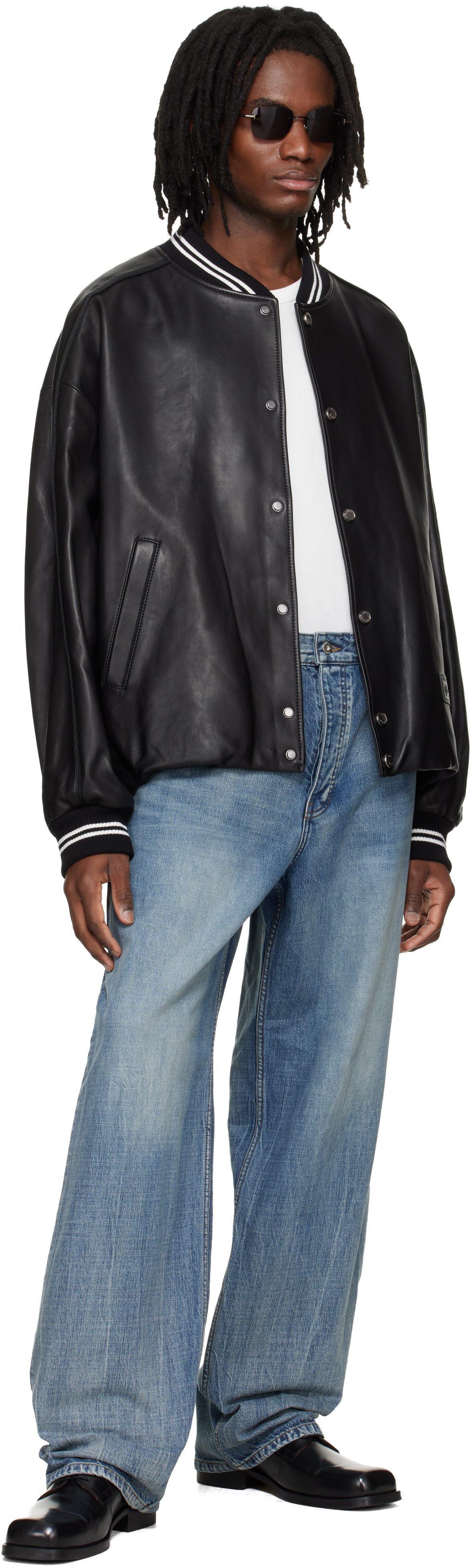 WOOYOUNGMI: Black Leather Baseball Jacket | SSENSE