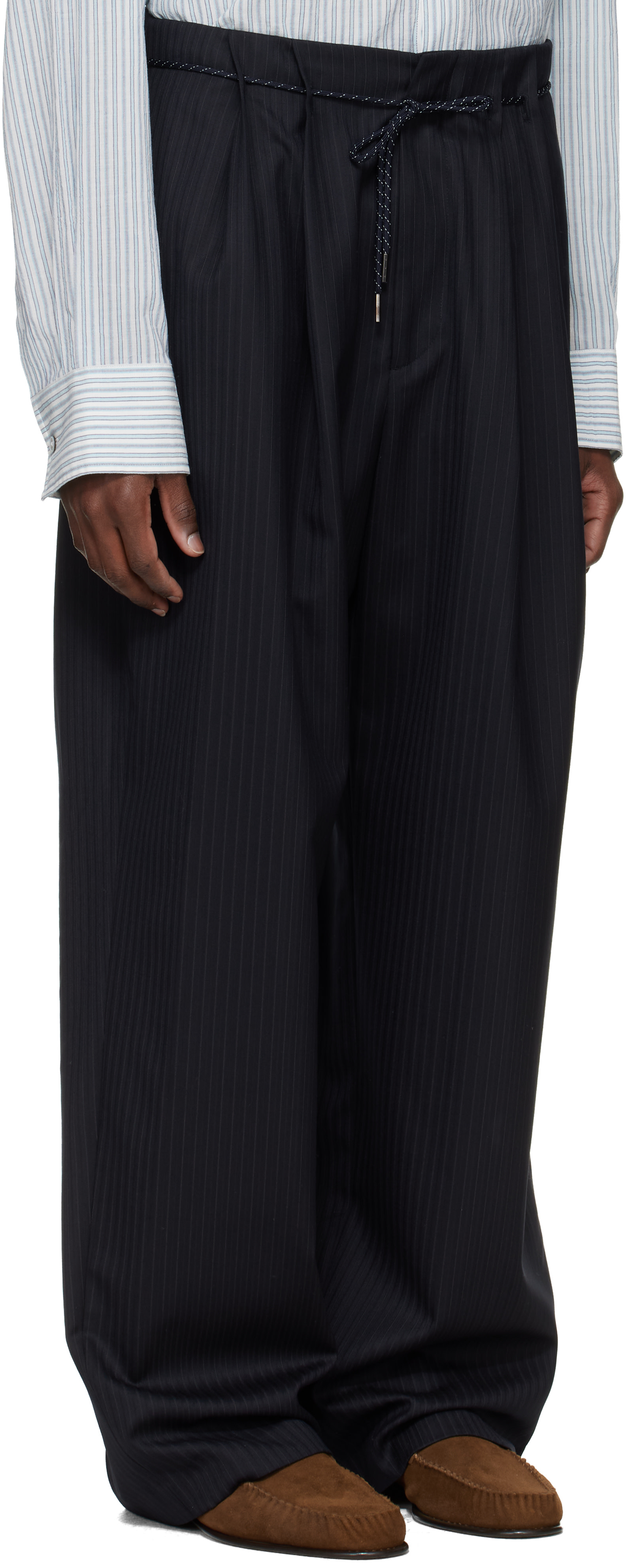 WOOYOUNGMI: Navy Wool Stripe Wide Trousers | SSENSE
