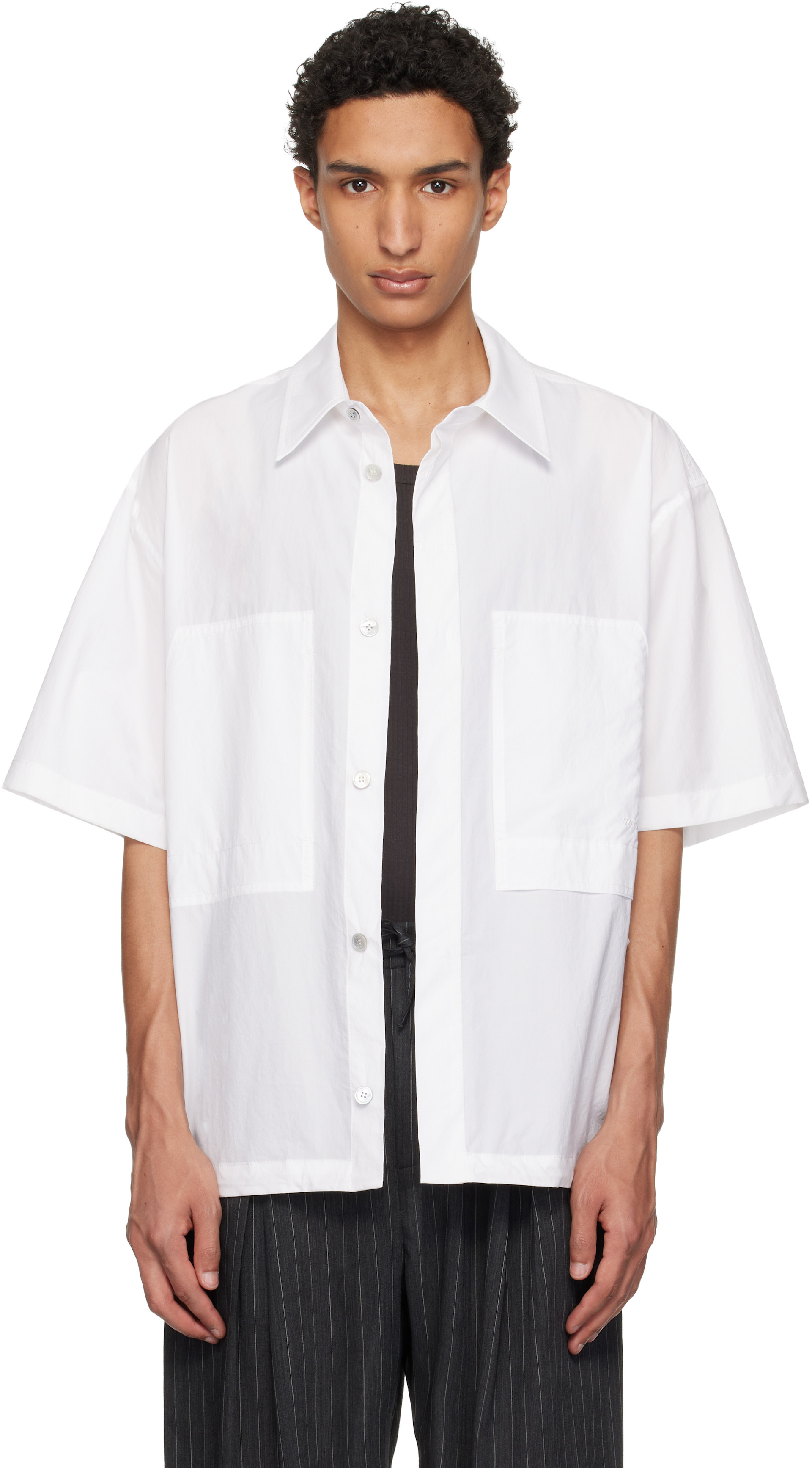 wooyoungmin オフホワイトデニムシャツ WOOYOUNGMI: White Short Sleeve Cotton Shirt | SSENSE