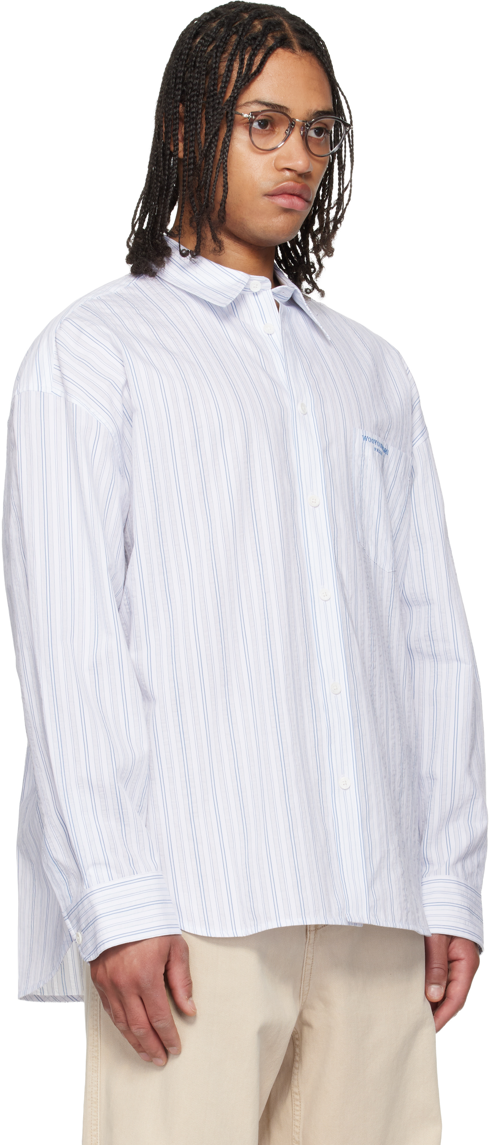 WOOYOUNGMI: Blue Oversized Stripe Shirt | SSENSE