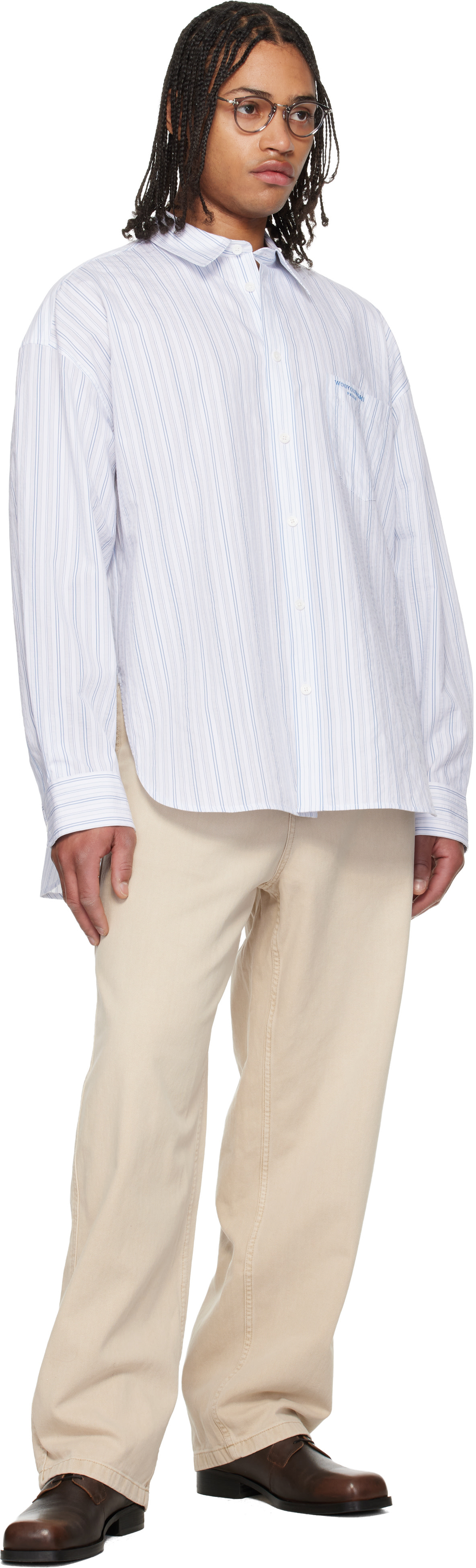 wooyoungmin オフホワイトデニムシャツ WOOYOUNGMI: Blue Oversized Stripe Shirt | SSENSE