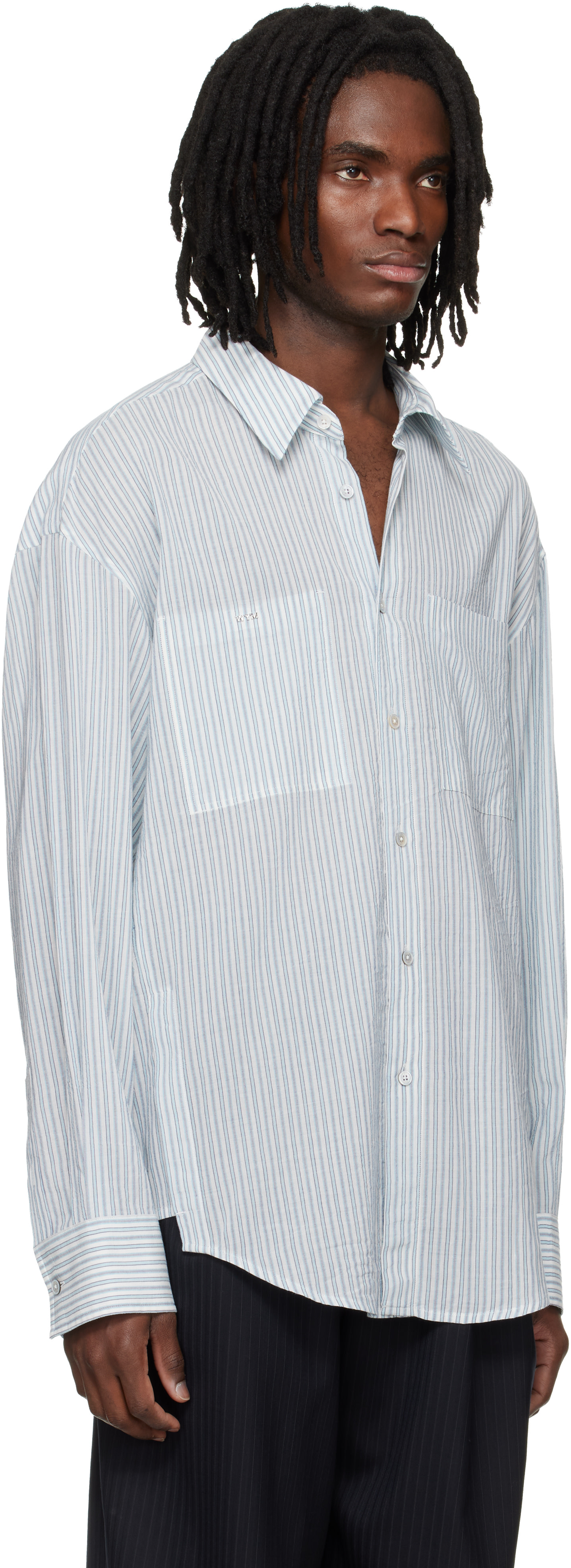 希少 美品 GOODENOUGH BACK LOGO STRIPE SHIRTS WOOYOUNGMI: Blue Stripe Back Logo Shirt | SSENSE
