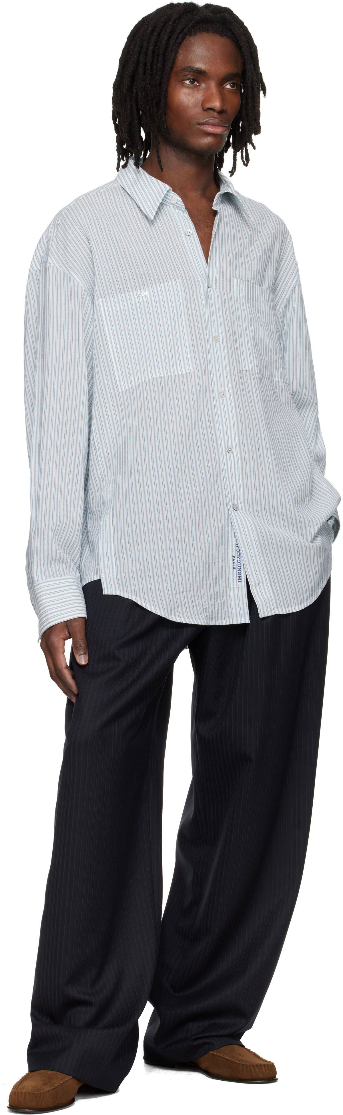 WOOYOUNGMI: Blue Stripe Back Logo Shirt | SSENSE WOOYOUNGMI: Blue Stripe Back Logo Shirt | SSENSE