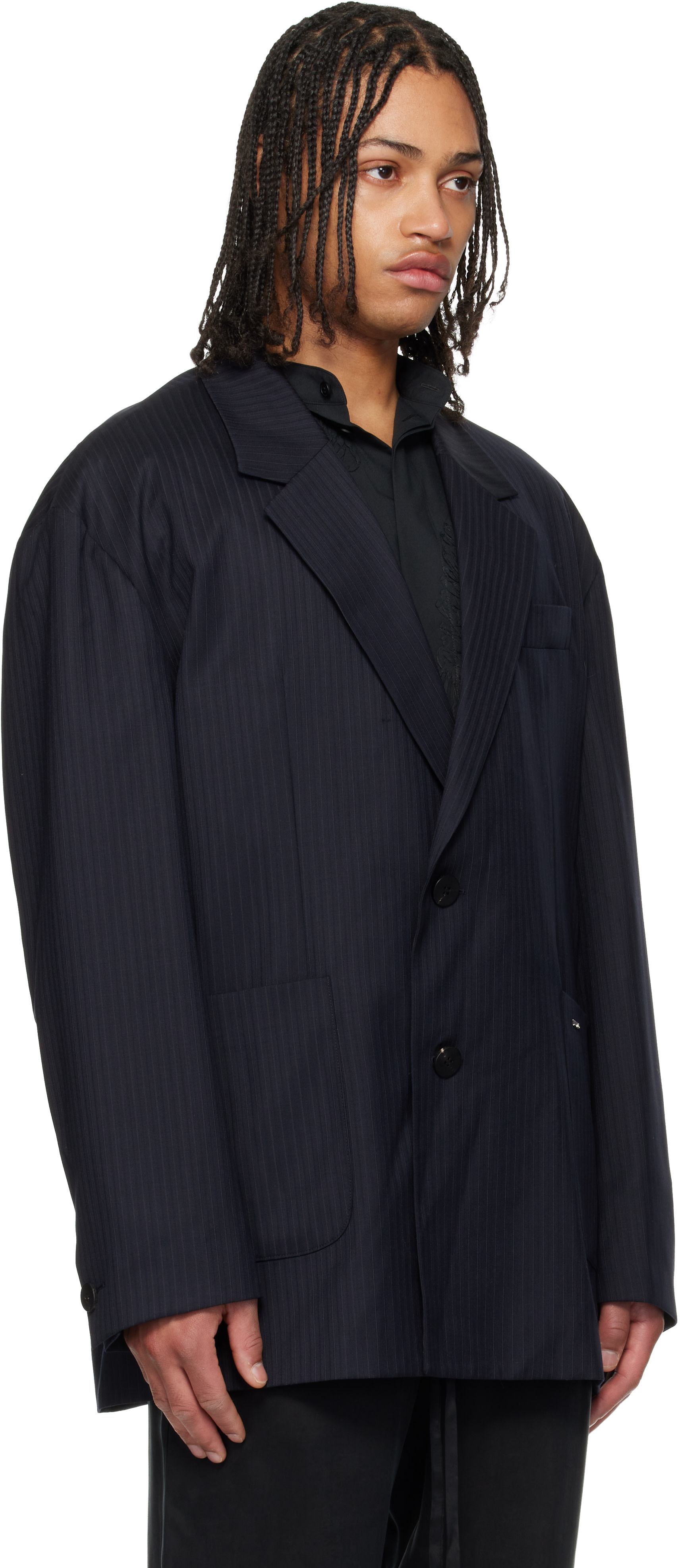 WOOYOUNGMI - Navy Wool Stripe Wide Blazer