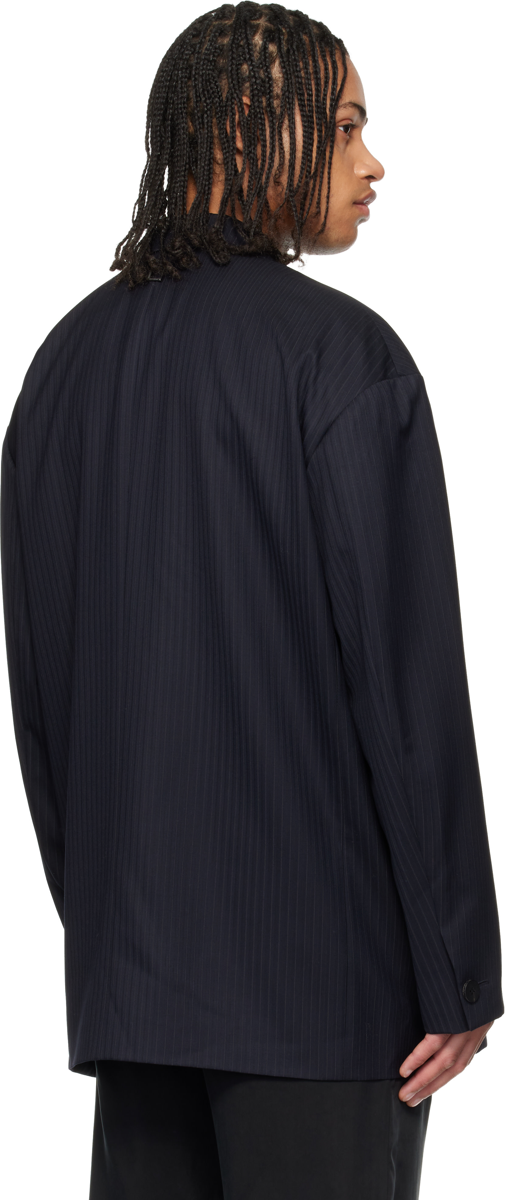 wooyoungmi ウーヨンミ　ダブルジャケット　48サイズ WOOYOUNGMI: Navy Wool Stripe Wide Blazer | SSENSE