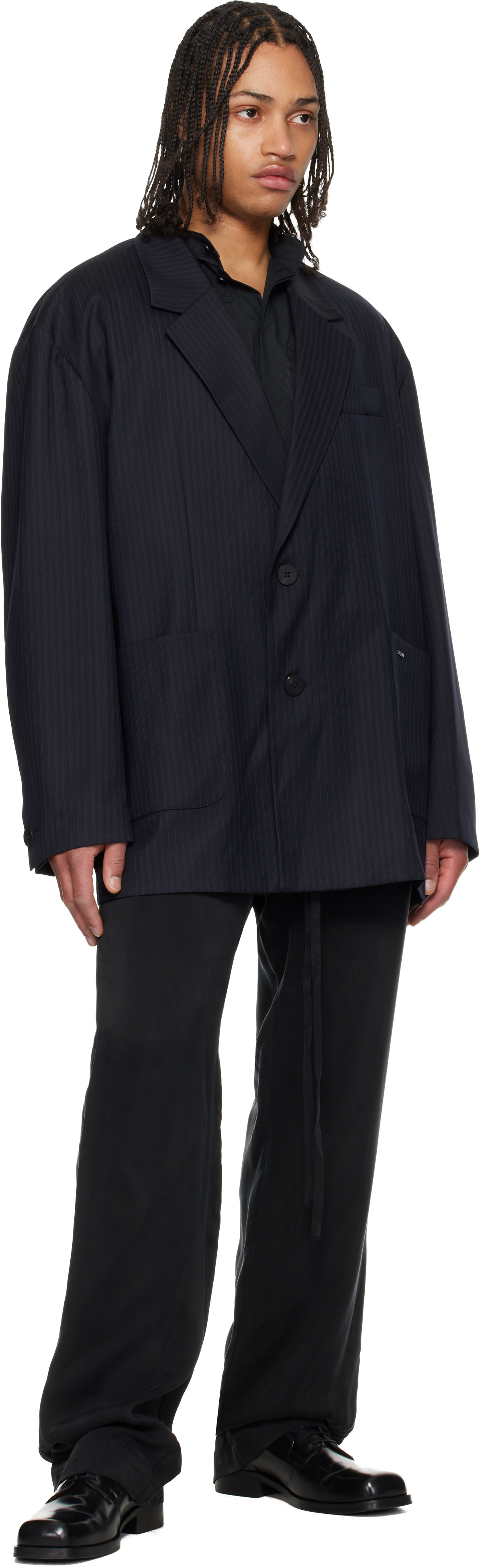WOOYOUNGMI: Navy Wool Stripe Wide Blazer | SSENSE