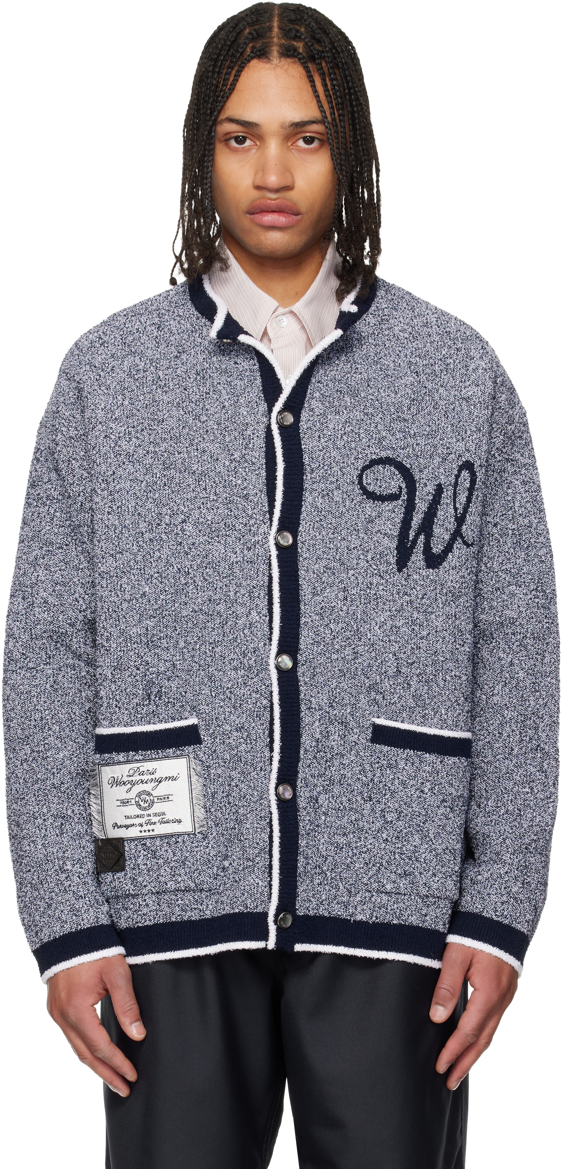 WOOYOUNGMI: Navy Round Neck Logo Cardigan | SSENSE