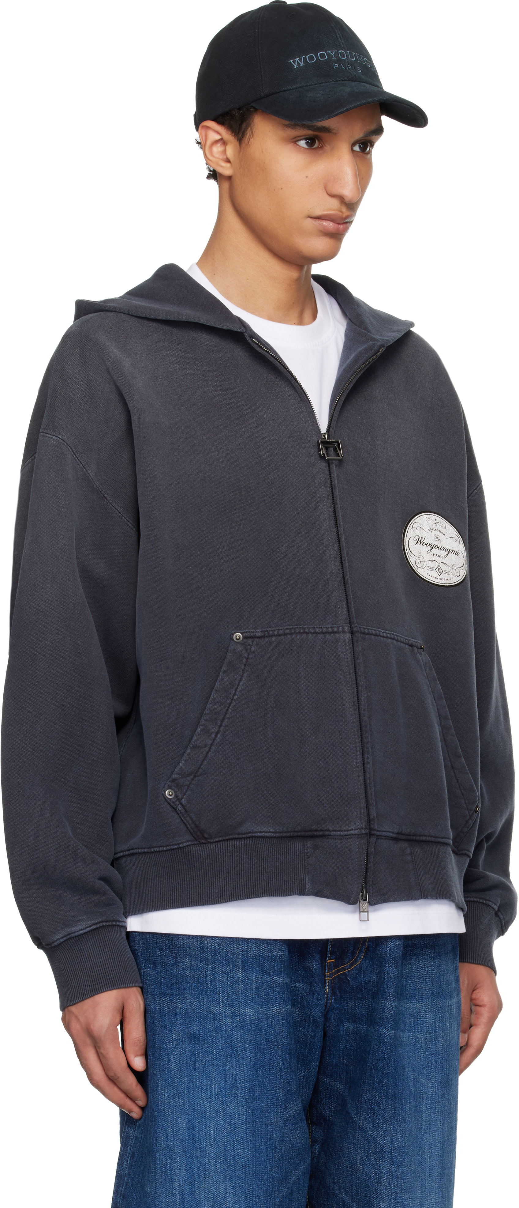 トラックジャケット ジップ ロゴ総柄 高級感 WOOYOUNGMI PARIS WOOYOUNGMI: Navy Lettering Back Logo Zip-Up Hoodie | SSENSE