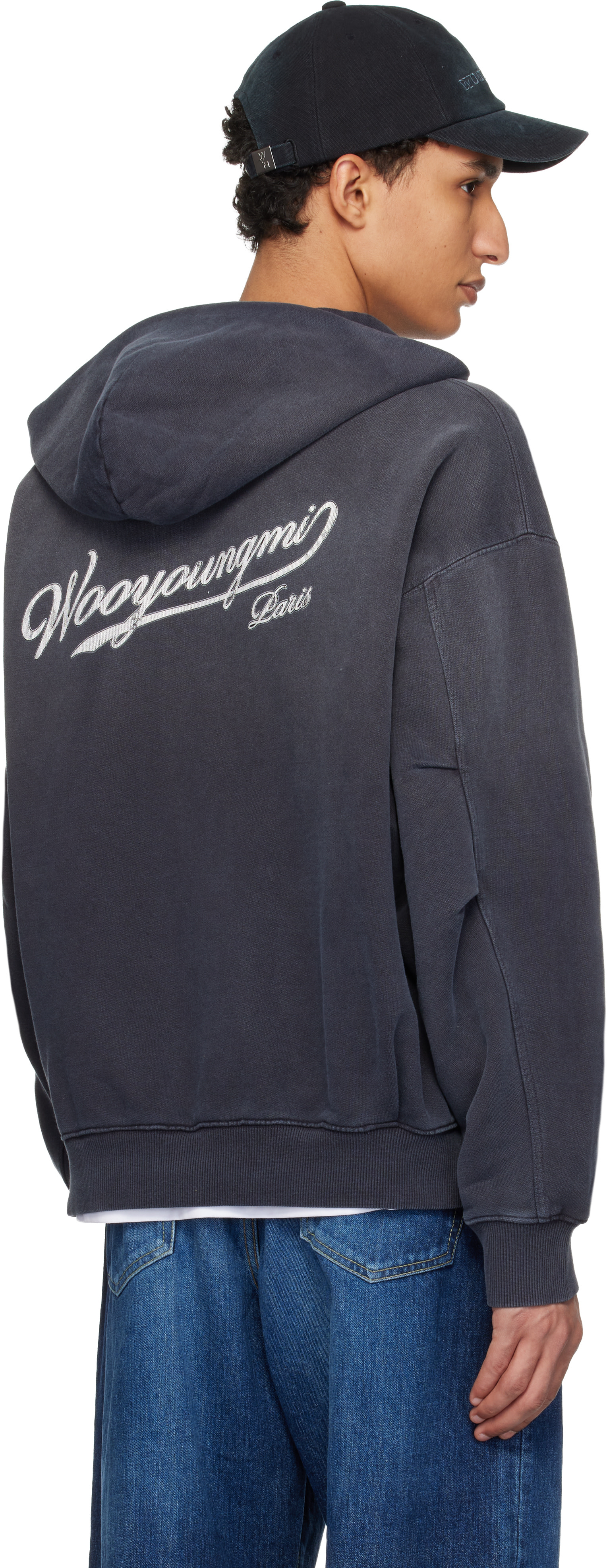 WOOYOUNGMI: Navy Lettering Back Logo Zip-Up Hoodie | SSENSE