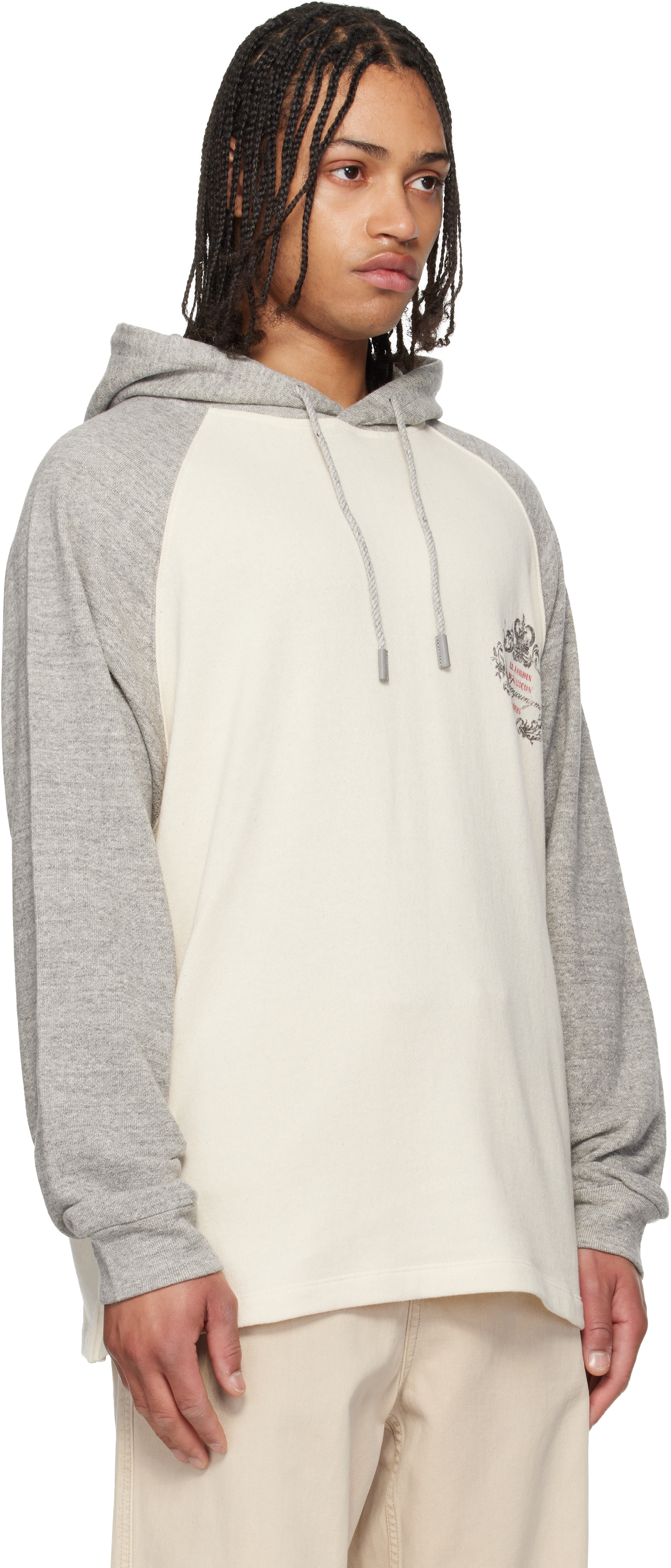 WOOYOUNGMI - Pull à capuche blanc cassé et gris à image à logo