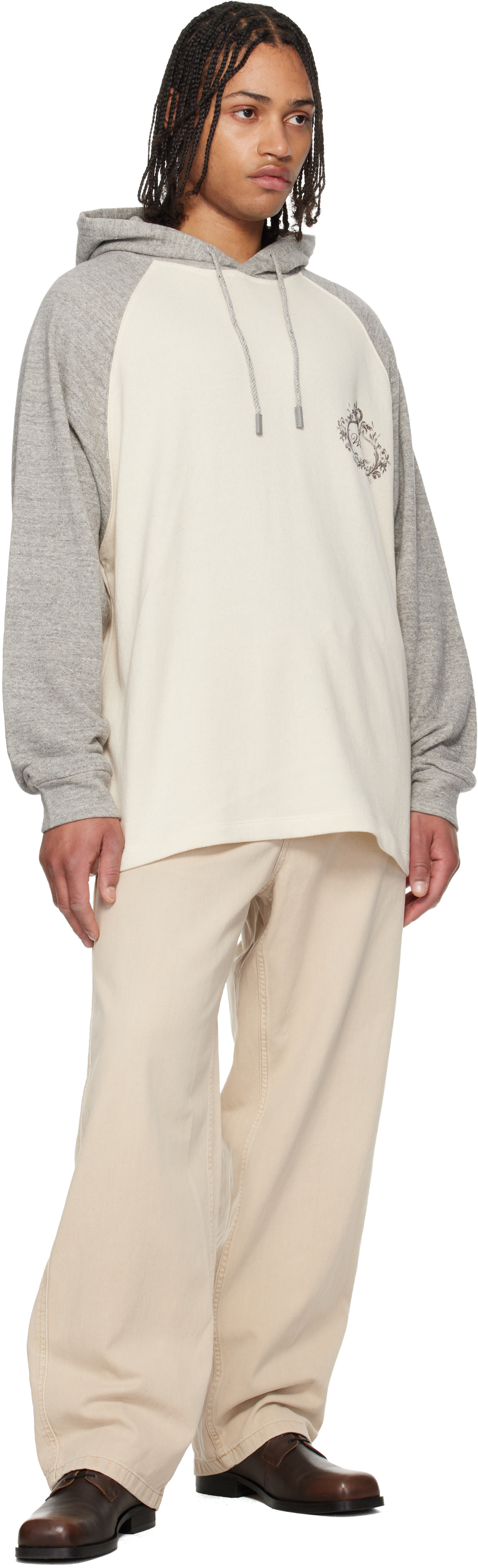 WOOYOUNGMI - Pull à capuche blanc cassé et gris à image à logo