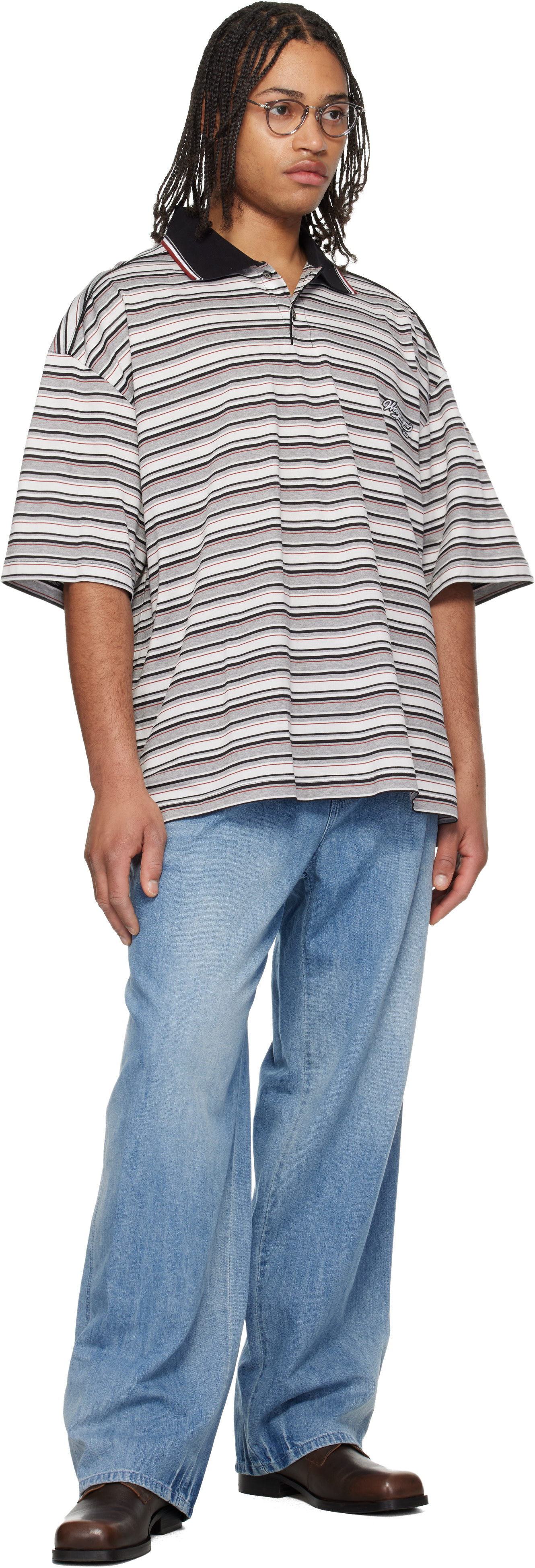 WOOYOUNGMI: Gray & White Striped Polo | SSENSE
