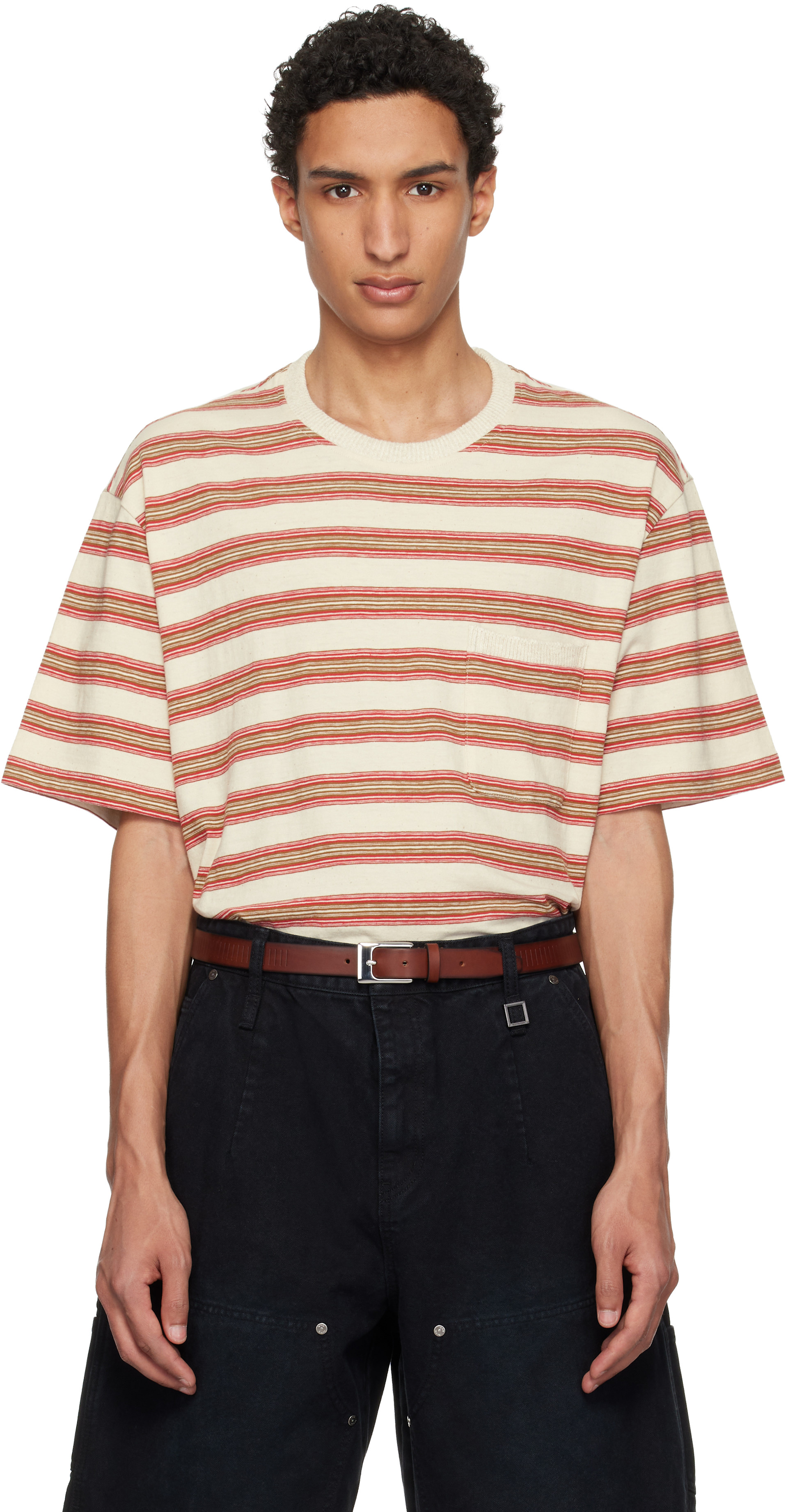 WOOYOUNGMI: Beige & Red Stripe T-shirt | SSENSE