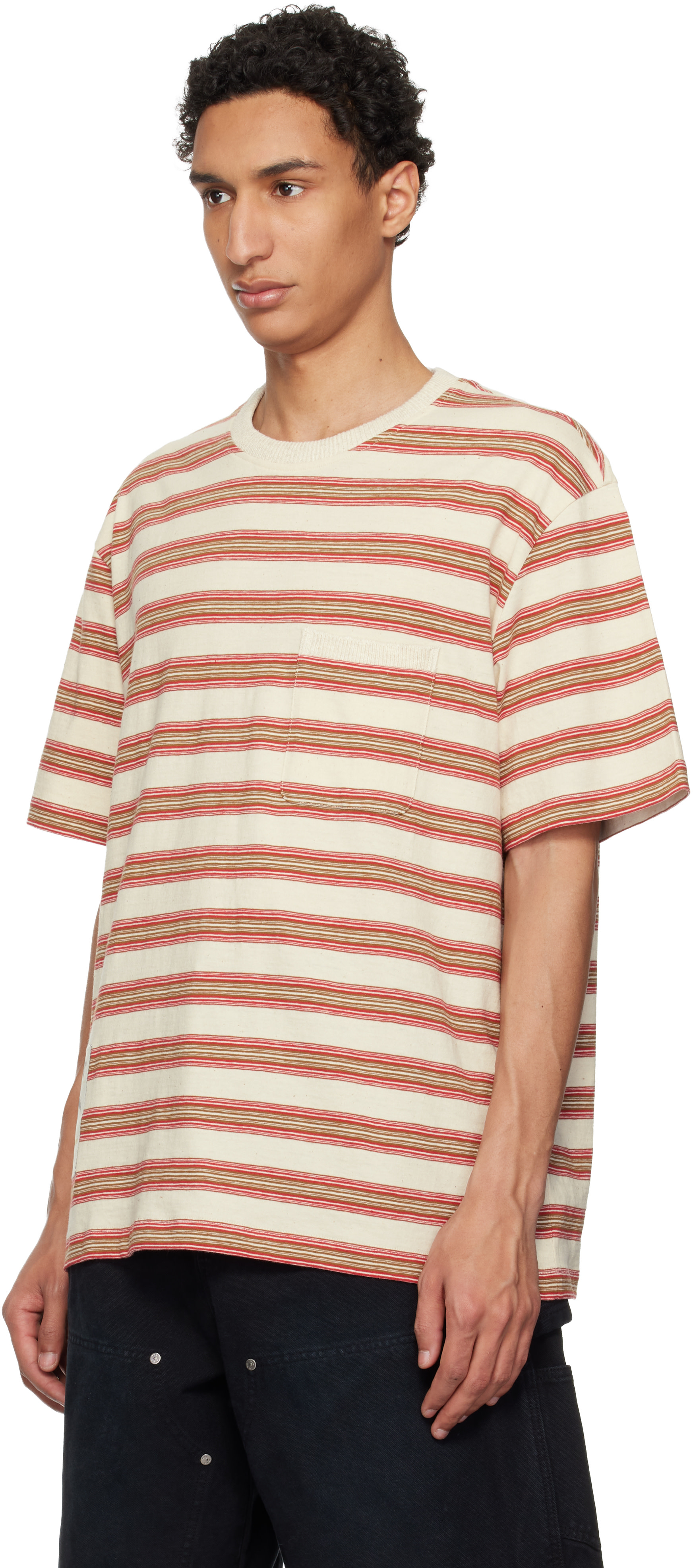 WOOYOUNGMI: Beige & Red Stripe T-shirt | SSENSE