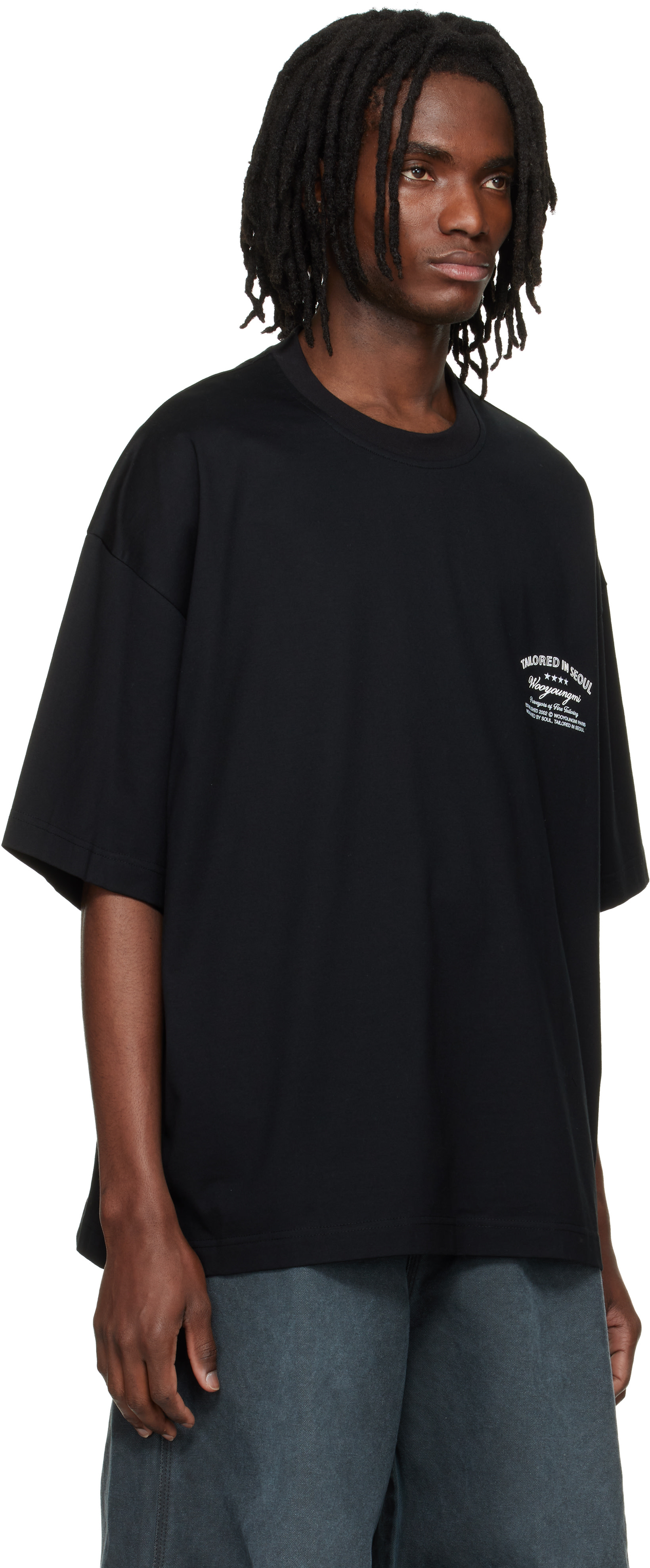 WOOYOUNGMI: Black Lettering Graphic T-shirt | SSENSE