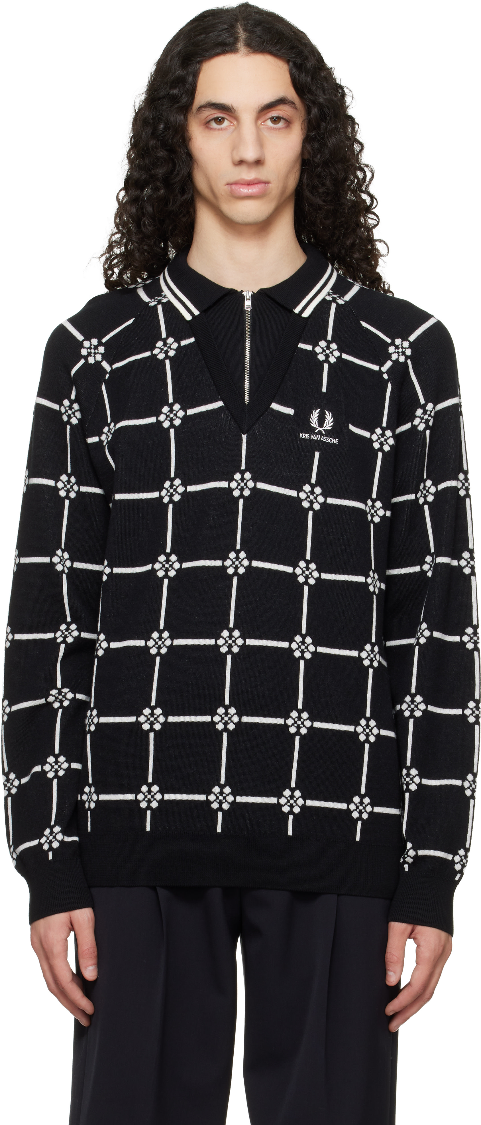 トップス Kris Van Assche Seam detailing polo Fred Perry: Black Kris Van Assche Edition Long Sleeve Knitted Polo