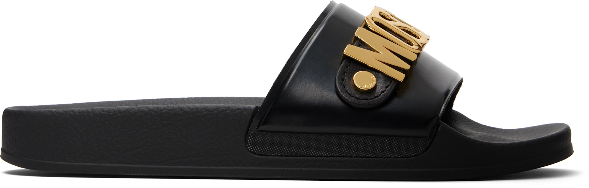 Moschino: Black Lettering Logo Pool Slides | SSENSE