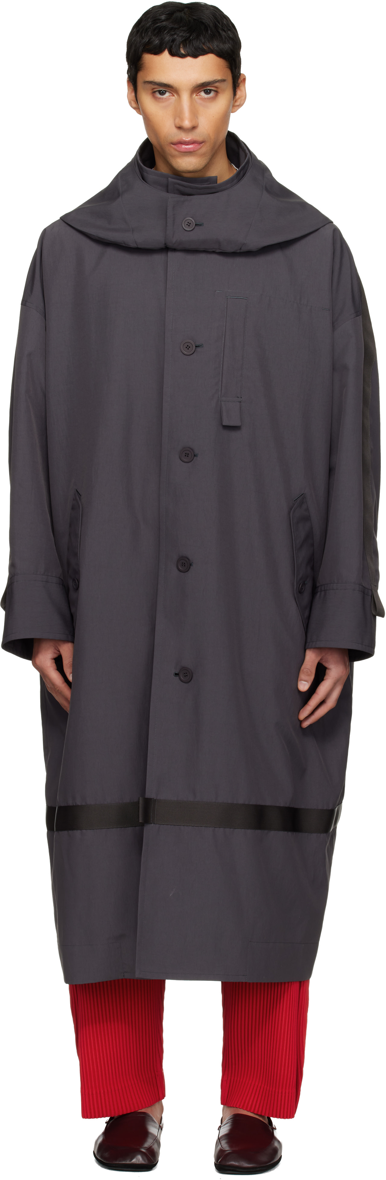 HOMME PLISSÉ ISSEY MIYAKE: Gray Carrier Carried Coat | SSENSE HOMME PLISSÉ ISSEY MIYAKE: Gray Carrier Carried Coat | SSENSE